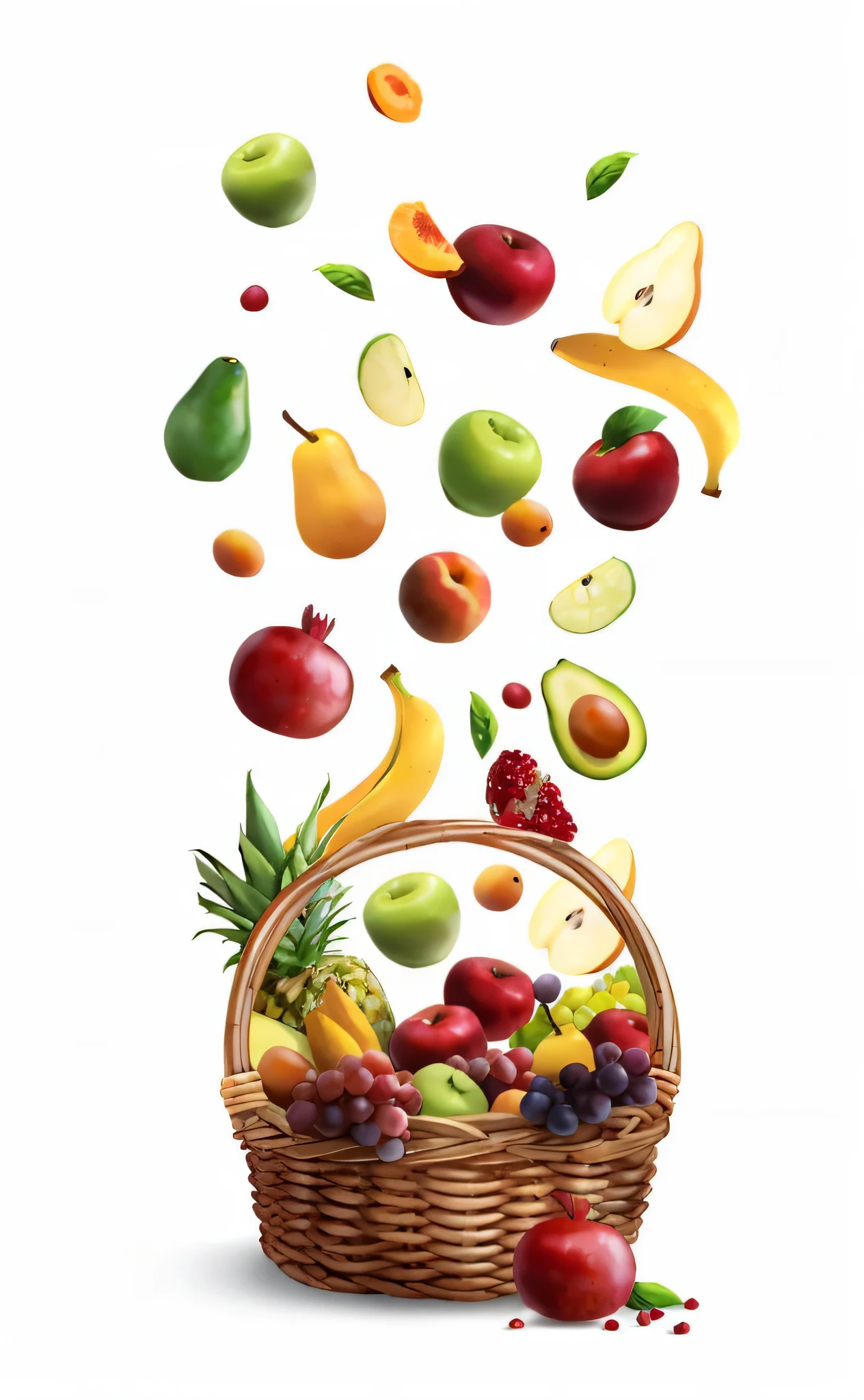 araffy basket of fresh fruit falling into the air, fruits in a basket, fruits, made with illustrator, fresh fruit, a fruit basket, fruit basket, gems and diamond for fruit, food particles, made with photoshop, by Gavin Hamilton, super realistic food picture, amazing food illustration, by Franz Hegi, fruit, sentient fruit, illustration 8 k