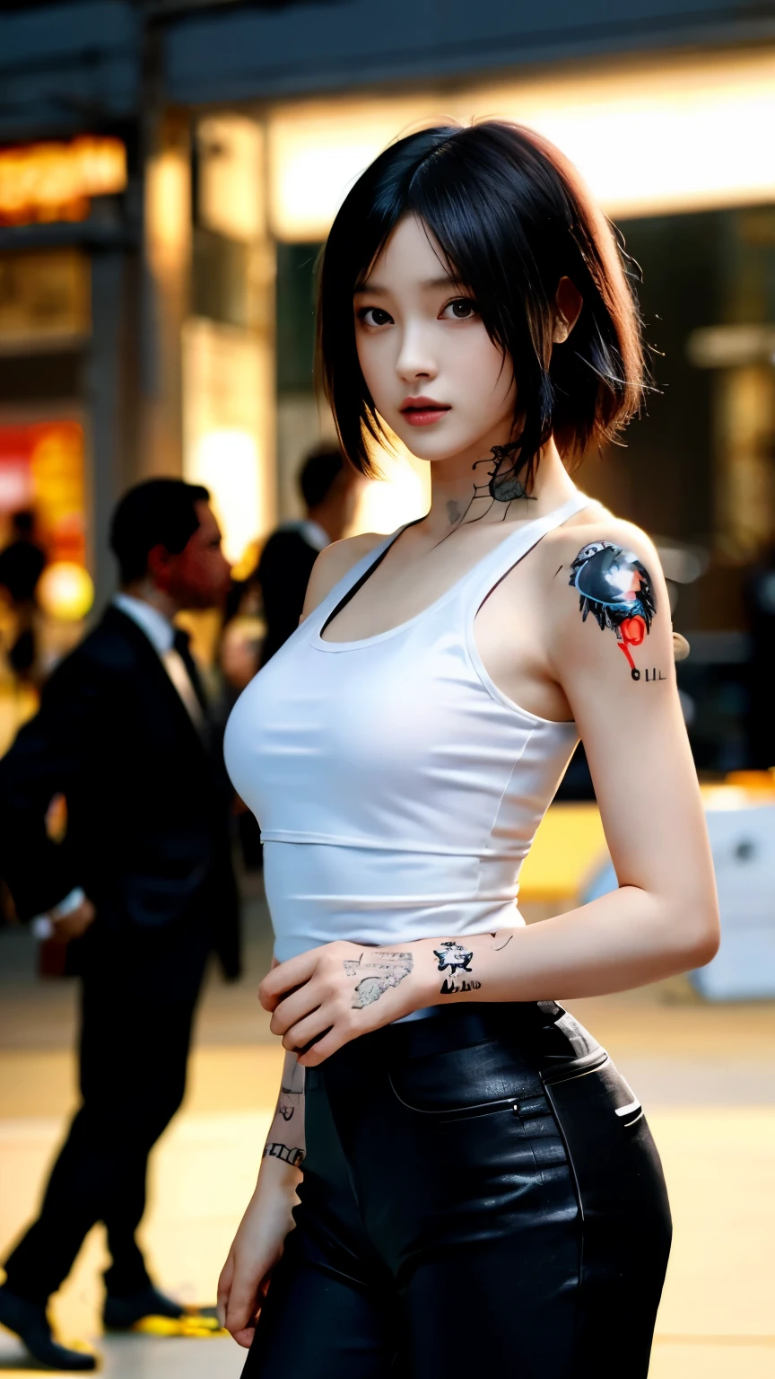 (highest quality)，masterpiece，Super detailed，8K, UHD，Beautiful woman，japanese woman，No expression，whole body，((tattoo))，slim，black slacks，white tank top，(female mafia)，gangster，(cyberpunk city)，night，cinematic lightening，underworld