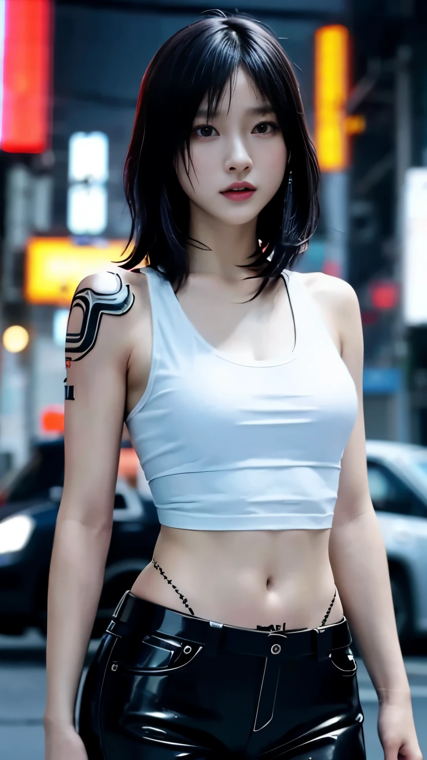 (highest quality)，masterpiece，Super detailed，8K, UHD，Beautiful woman，japanese woman，No expression，whole body，((tattoo))，slim，black slacks，white tank top，(female mafia)，gangster，(cyberpunk city)，night，cinematic lightening，underworld