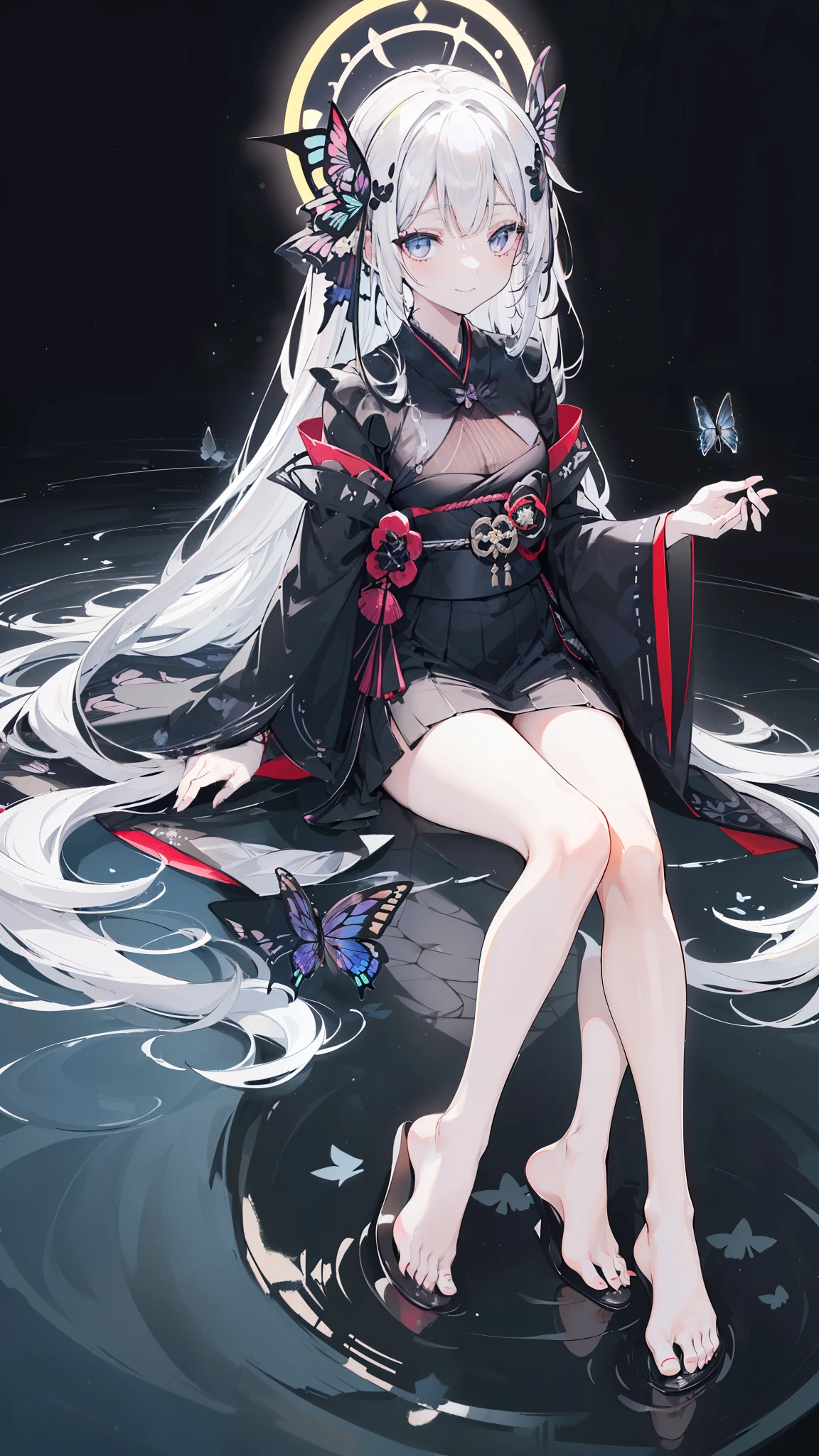 32k, perfect body, cute , cute smile, cute dress, long hair, white hair, black dress, ((black butterfly)), ((black butterfly hair ornament)), ((black butterfly shaped brooch)), ((black butterfly dress)), ((black ligth particle)), (((beautiful quality))), ((black kimono)), ((black Japanese clothing)), (((the floor is on the water surface))), ((full moon)),