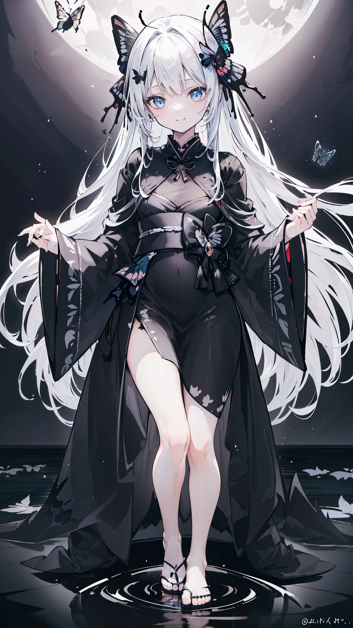 32k, perfect body, cute , cute smile, cute dress, long hair, white hair, black dress, ((black butterfly)), ((black butterfly hair ornament)), ((black butterfly shaped brooch)), ((black butterfly dress)), ((black ligth particle)), (((beautiful quality))), ((black kimono)), ((black Japanese clothing)), (((the floor is on the water surface))), ((full moon)), 