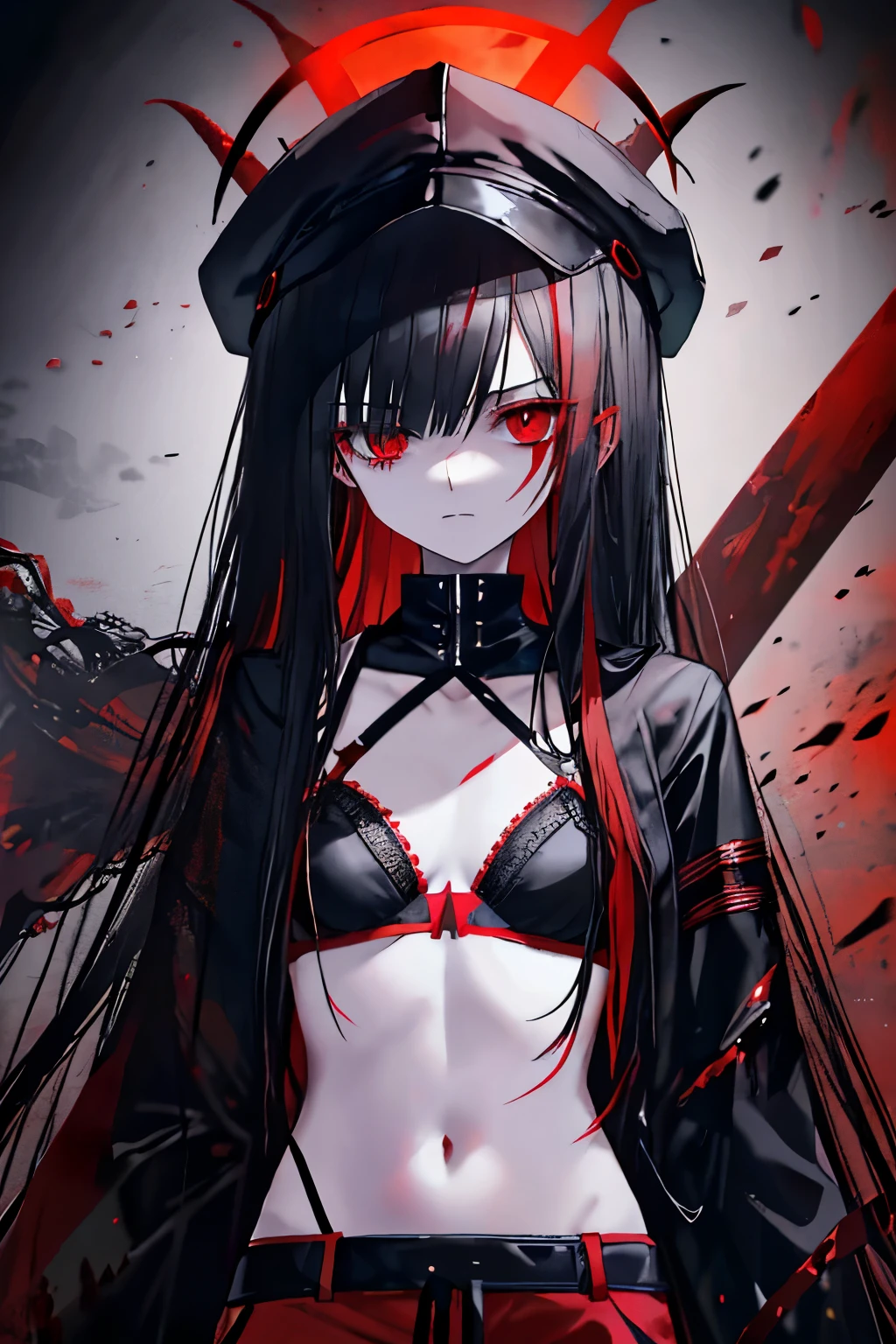 Demon Black hair Red eyes Long hair Red mesh Blindfold Clothes based on black and red Belly button exposed Garter belt Shorts Knife Long bangs Covering left eye Covering one eye Long hair down to the waist Slender Girl Black bra Small breasts Countless black wings Return blood Red glowing magic circle Evil Eye Black military cap black jacket with red inside