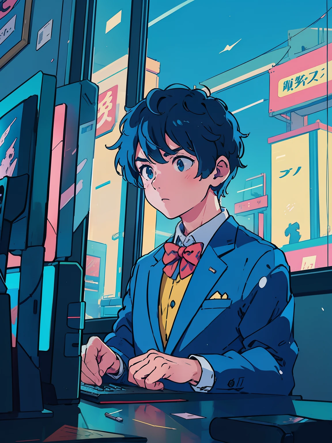 Businessman、web marketing、 Lofiatostyle, Lofiato, official fan art, portrait of lofi, high quality fan art, Makoto Shinkai ( apex legend ), 80 years later'アニメart style, digital anime illustration, suit figure, Makoto Shinkai'art style, Portrait anime 20s male、Upper body、computer
