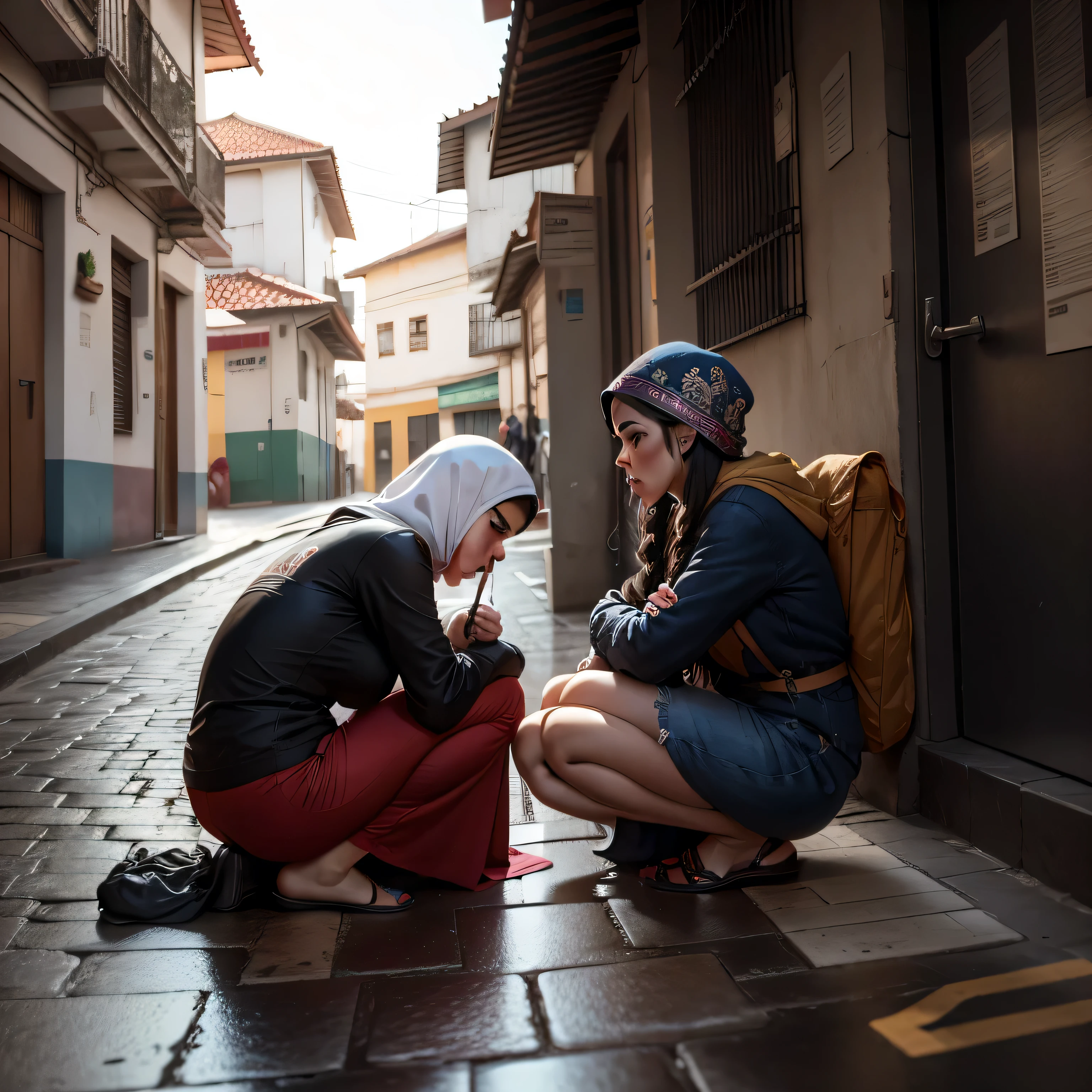 uma senhora conversando com uma  pobre na rua, Hiper realista
