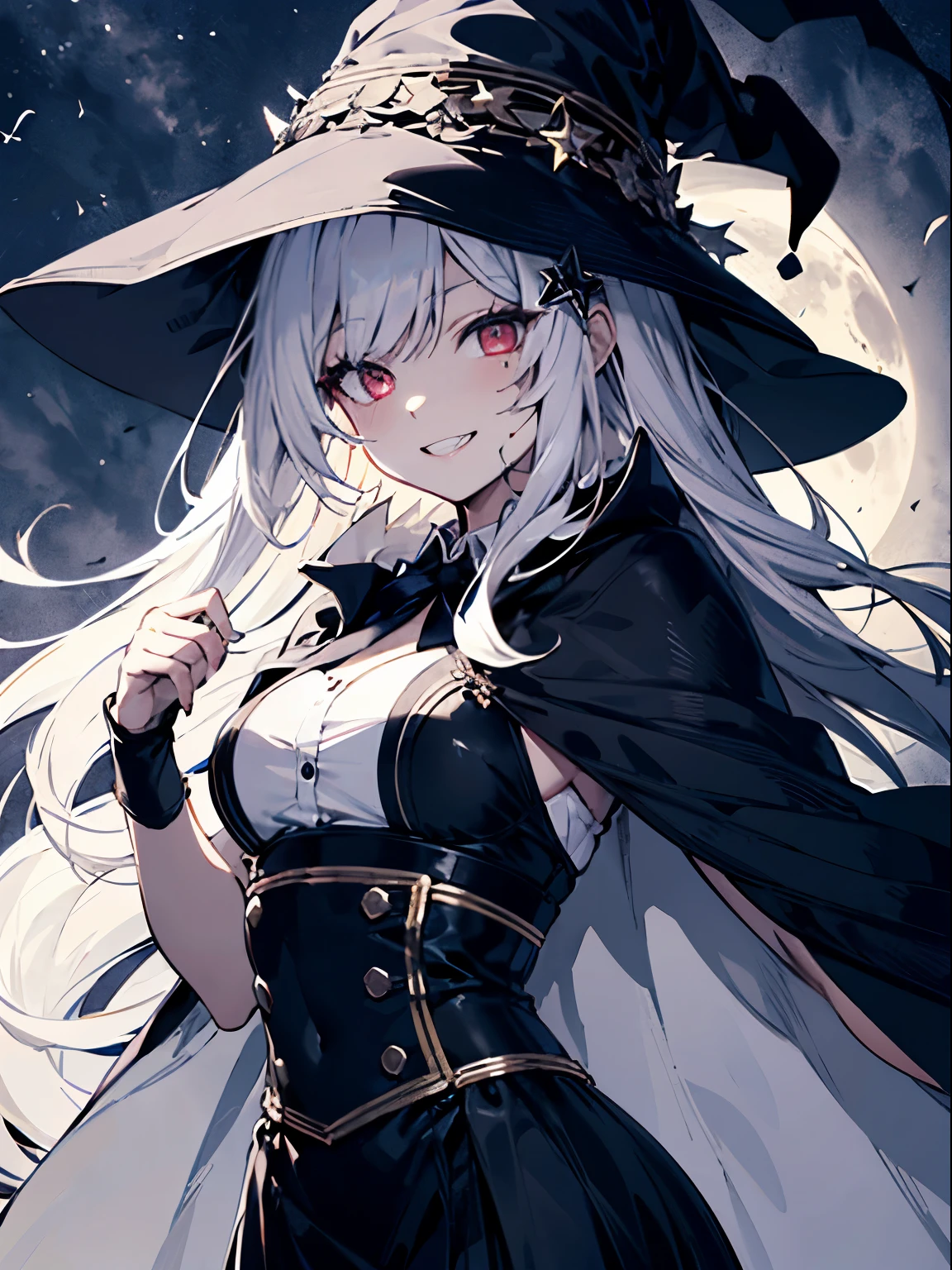 teenage girl、human、A magician who always smiles、large witch hat 、cute、long white hair、Red eyes and glazed eyes、Bangs are heavy、Thin eyebrows、lowered eyebrows、fantasy、intake、double teeth、star motif、Seiza motif、monochrome clotheetal look decoration、cape、A little dark atmosphere、a little crazy smile、Outside at night when the moon shines、blood return、black star hair ornament、short tie、No nails、high waist skirt