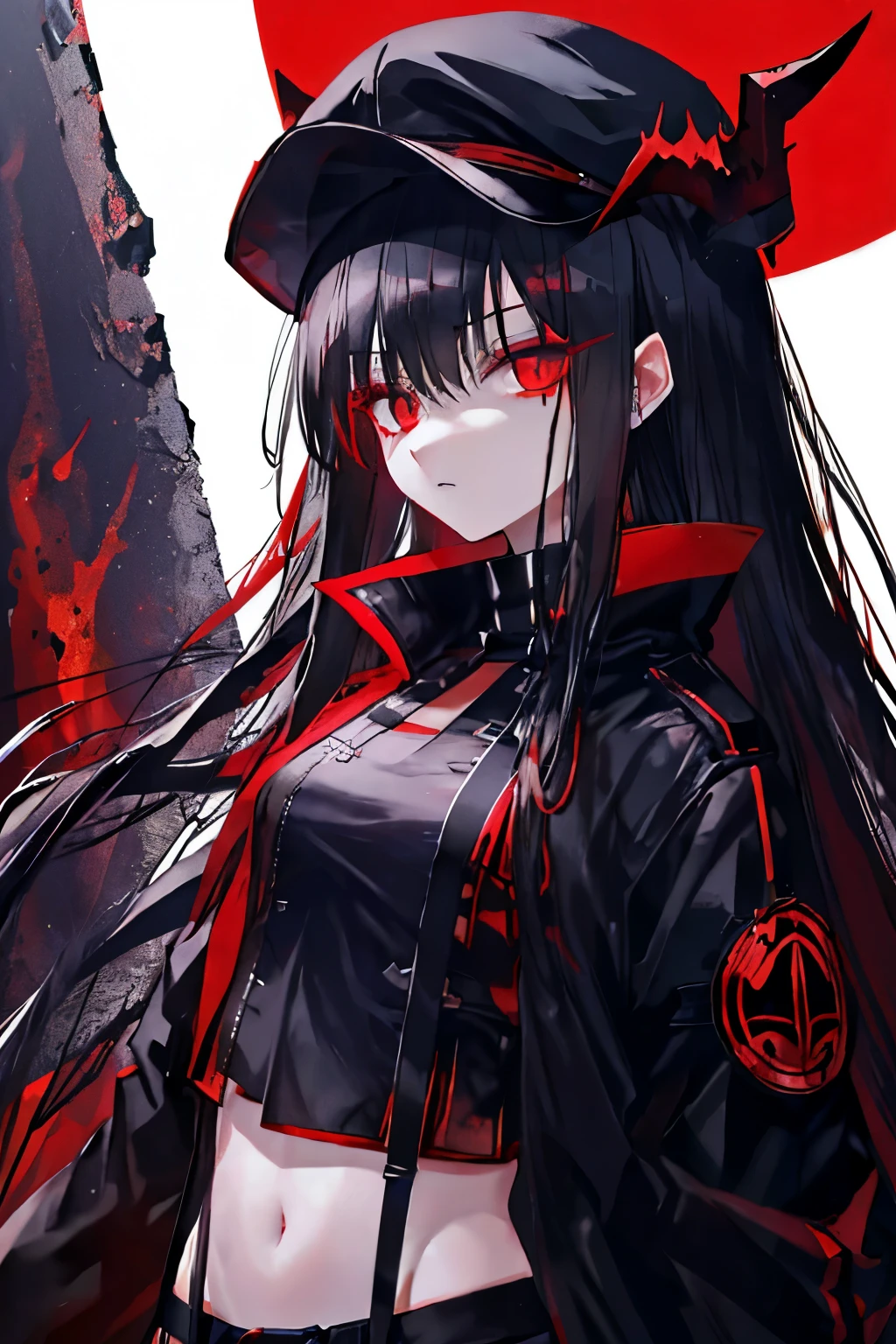 Demon Black hair Red eyes Long hair Red mesh Blindfold Clothes based on black and red Belly button exposed Garter belt Shorts Knife Long bangs Covering left eye Covering one eye Long hair down to the waist Slender Girl Black bra Small breasts Countless black wings Return blood Red glowing magic circle Evil Eye Black A military cap, a black jacket with red inside, devil&#39;s horns, and countless knives surrounding the girl.