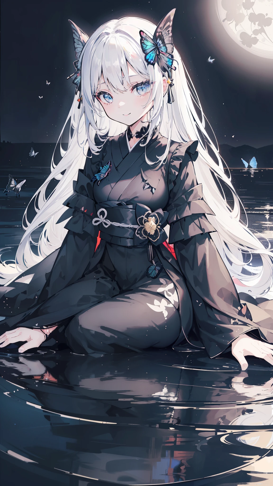 32k, perfect body, cute , cute smile, cute dress, long hair, white hair, black dress, ((black butterfly)), ((black butterfly hair ornament)), ((black butterfly shaped brooch)), ((black butterfly dress)), ((black ligth particle)), (((beautiful quality))), ((black kimono)), ((black Japanese clothing)), (((the floor is on the water))), ((full moon)),