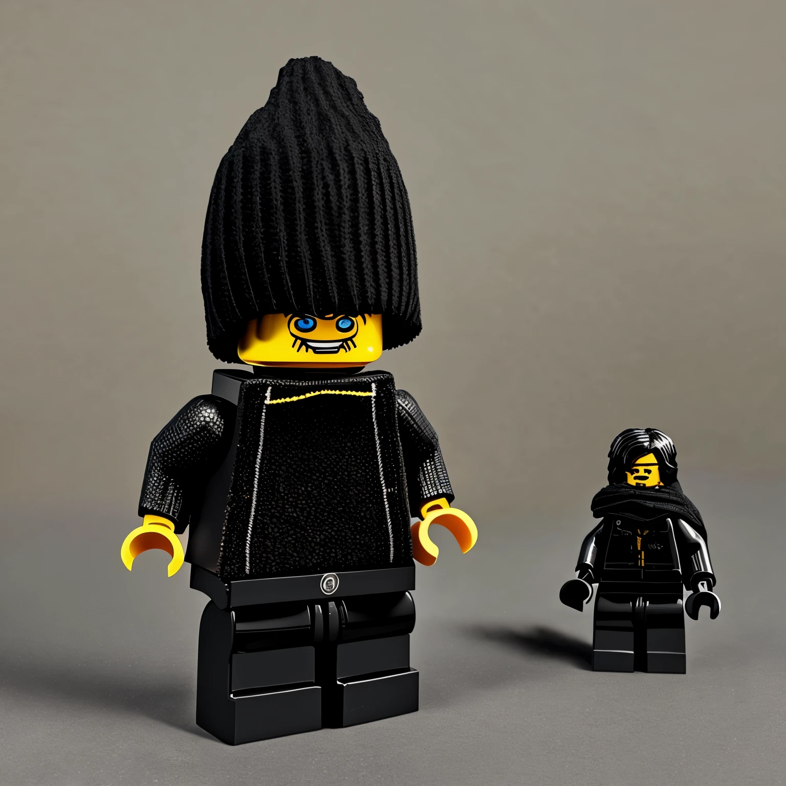 (best quality, Meisterwerk), Lego character stands wearing a black sweater and has the hood over his head