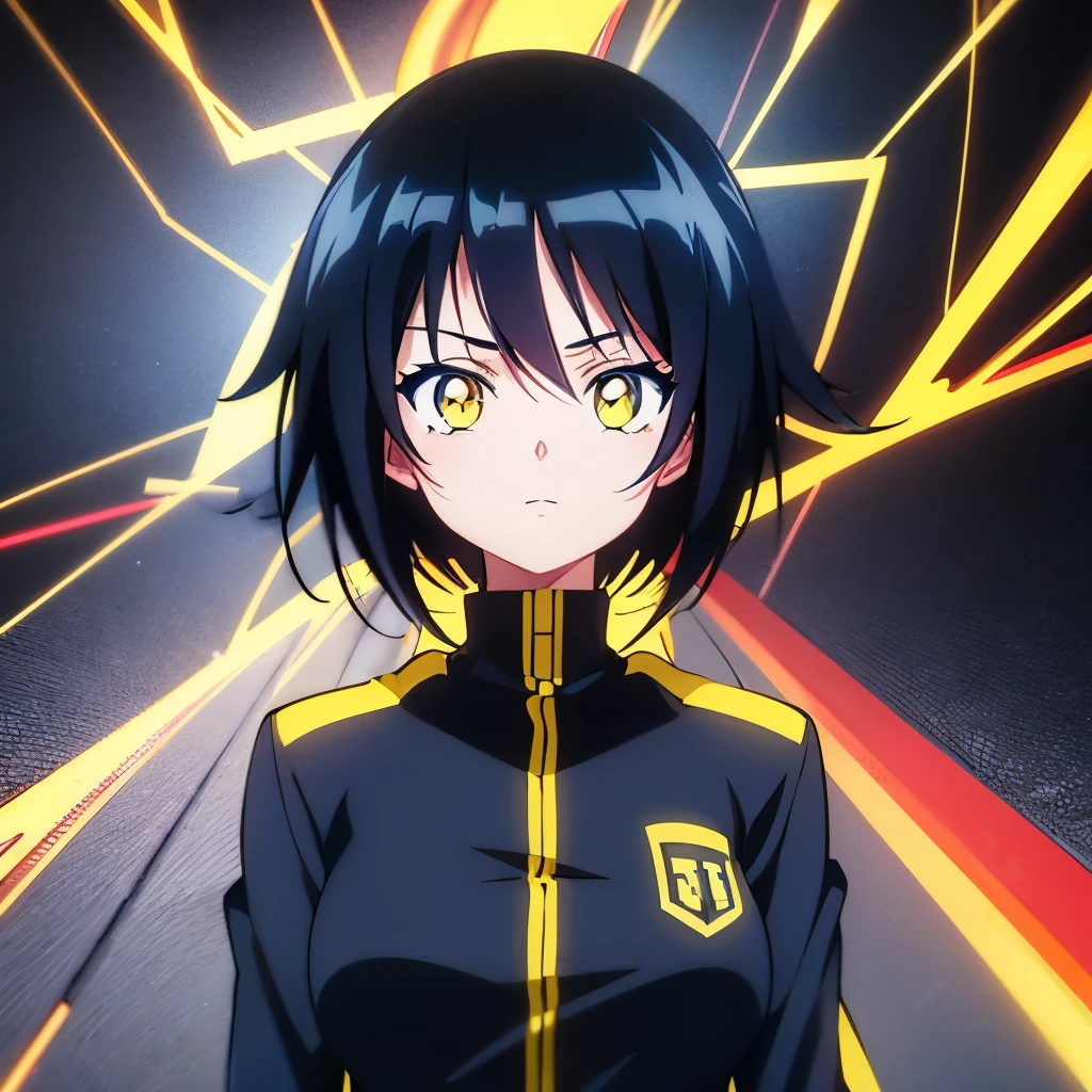 Anime girl, blue and black hair neon, cute anime girl, yellow eyes, human young girl with black and blue uniform
