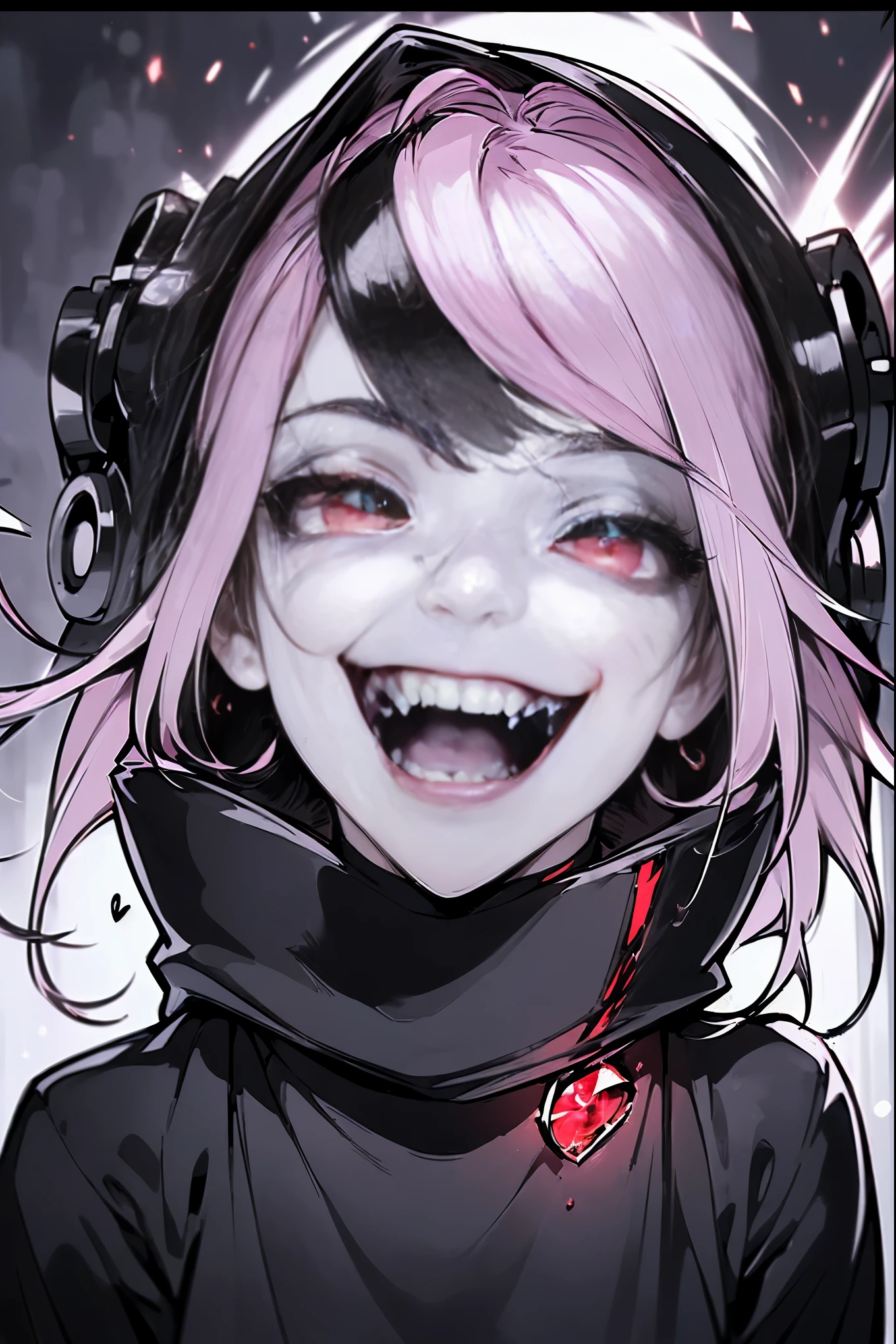 scene:0.9, (masterpiece), best quality, (((ultra detailed, 8k quality))), looking at viewer, (pink hair, side bang, expressive red eyes:0.7, glowing red eyes), (depth perception:0.7, black background,), ((torso)), ((centered)), glowing eyes, ((seductive eyeeminine, smile, close-up, neck choker, ((SFW)), oversize black jacket, face focus, (clenched teeth), (devious smile, devious eyes), shaded face, night time, dark, woman, high contrast colors, blood on face