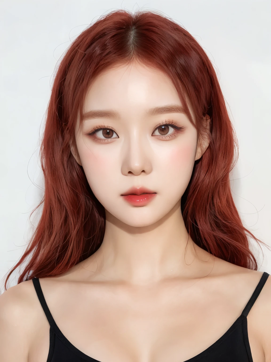 a close up of a woman with red hair wearing a black top, popular korean makeup, popular south korean makeup, korean symmetrical face, korean face features, gorgeous young korean woman, coral brown hair, korean girl, beautiful young korean woman, beautiful south korean woman, pale red, jinyoung shin, south east asian with round face, young adorable korean face, jaeyeon nam
