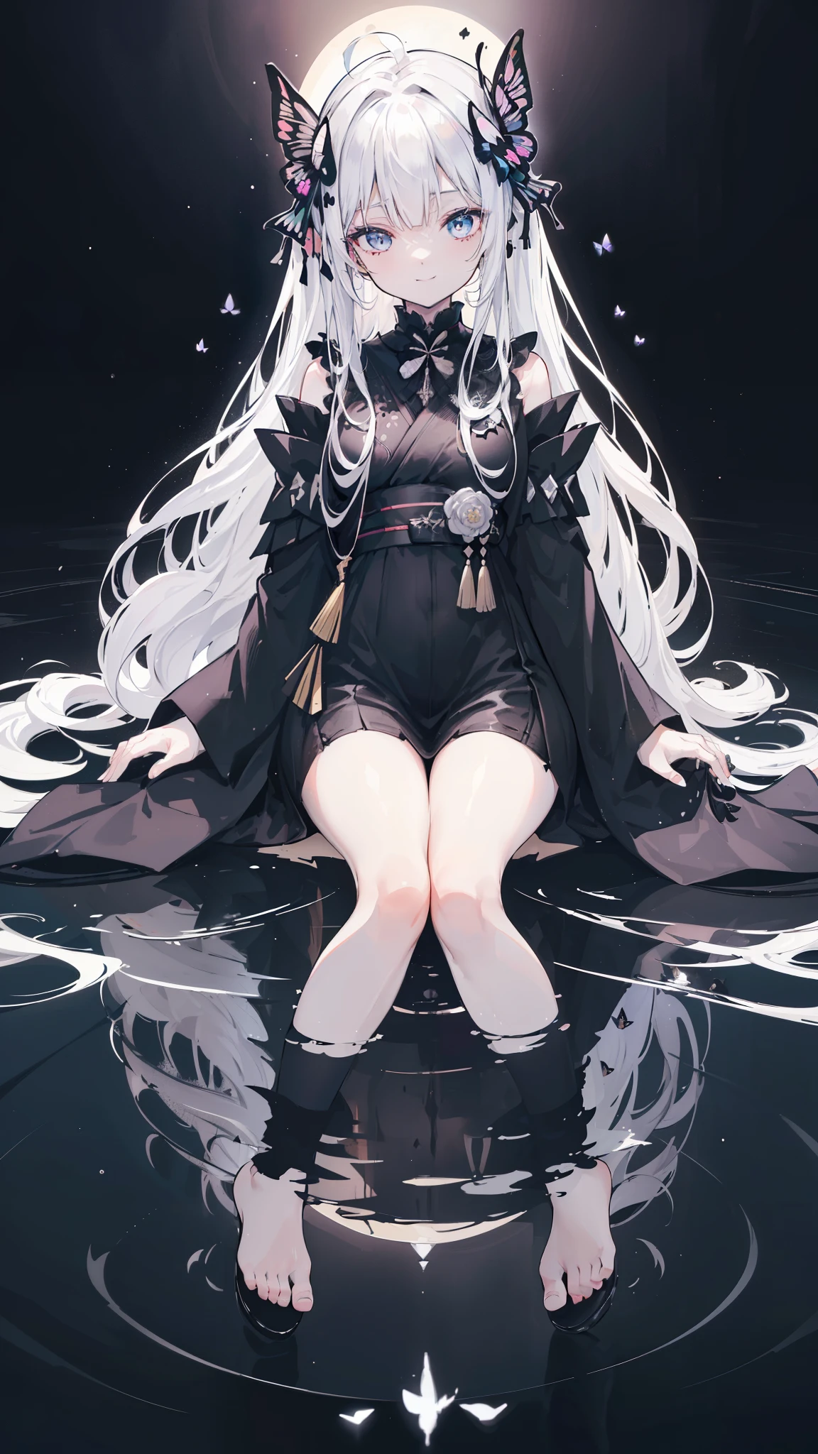 32k, perfect body, cute , cute smile, cute dress, long hair, white hair, black dress, ((black butterfly)), ((black butterfly hair ornament)), ((black butterfly shaped brooch)), ((black butterfly dress)), ((black ligth particle)), (((beautiful quality))), ((black kimono)), ((black Japanese clothing)), (((the floor is on the water surface))), ((full moon)), 