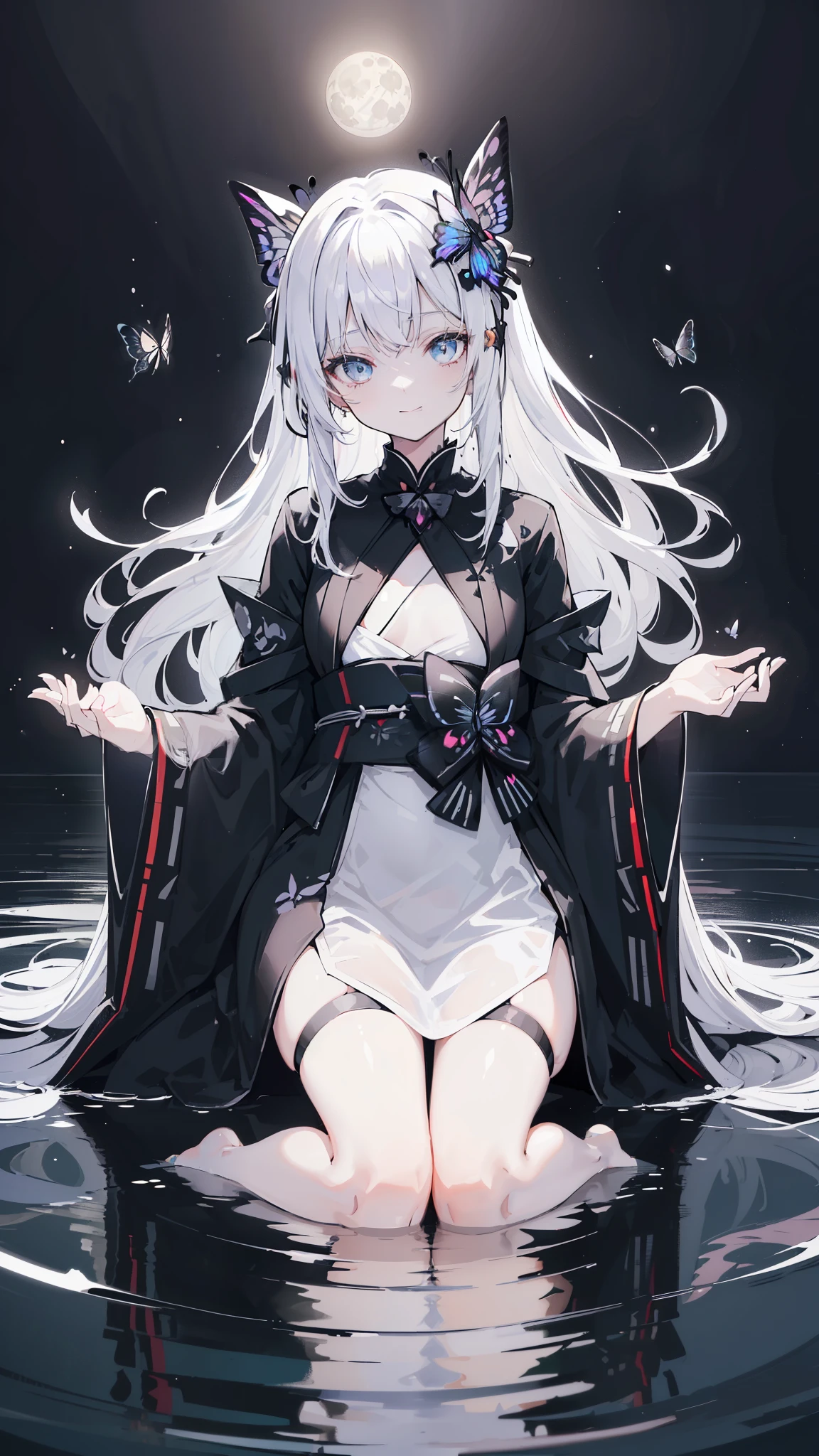 32k, perfect body, cute , cute smile, cute dress, long hair, white hair, black dress, ((black butterfly)), ((black butterfly hair ornament)), ((black butterfly shaped brooch)), ((black butterfly dress)), ((black ligth particle)), (((beautiful quality))), ((black kimono)), ((black Japanese clothing)), (((the floor is on the water surface))), ((full moon)),
