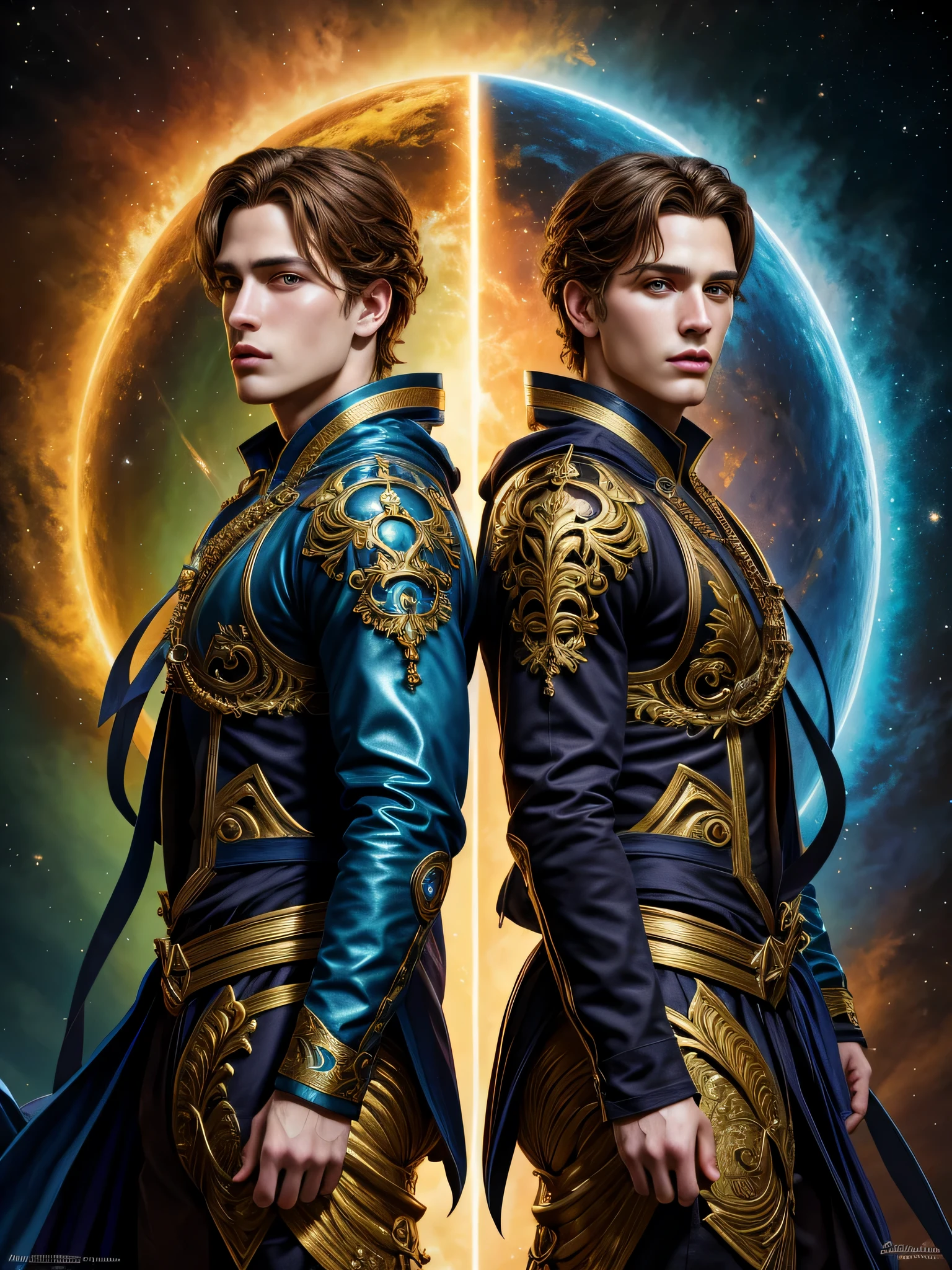 (photorealistic, masterpiece, detailed face, best quality, highres, 4k), Fantasy art style, Gemini the charismatic twins depicted through captivating male twin models with a dualistic aura. Their appearance and clothing transforming seamlessly between two distinct personas, showcasing their versatility and charm.