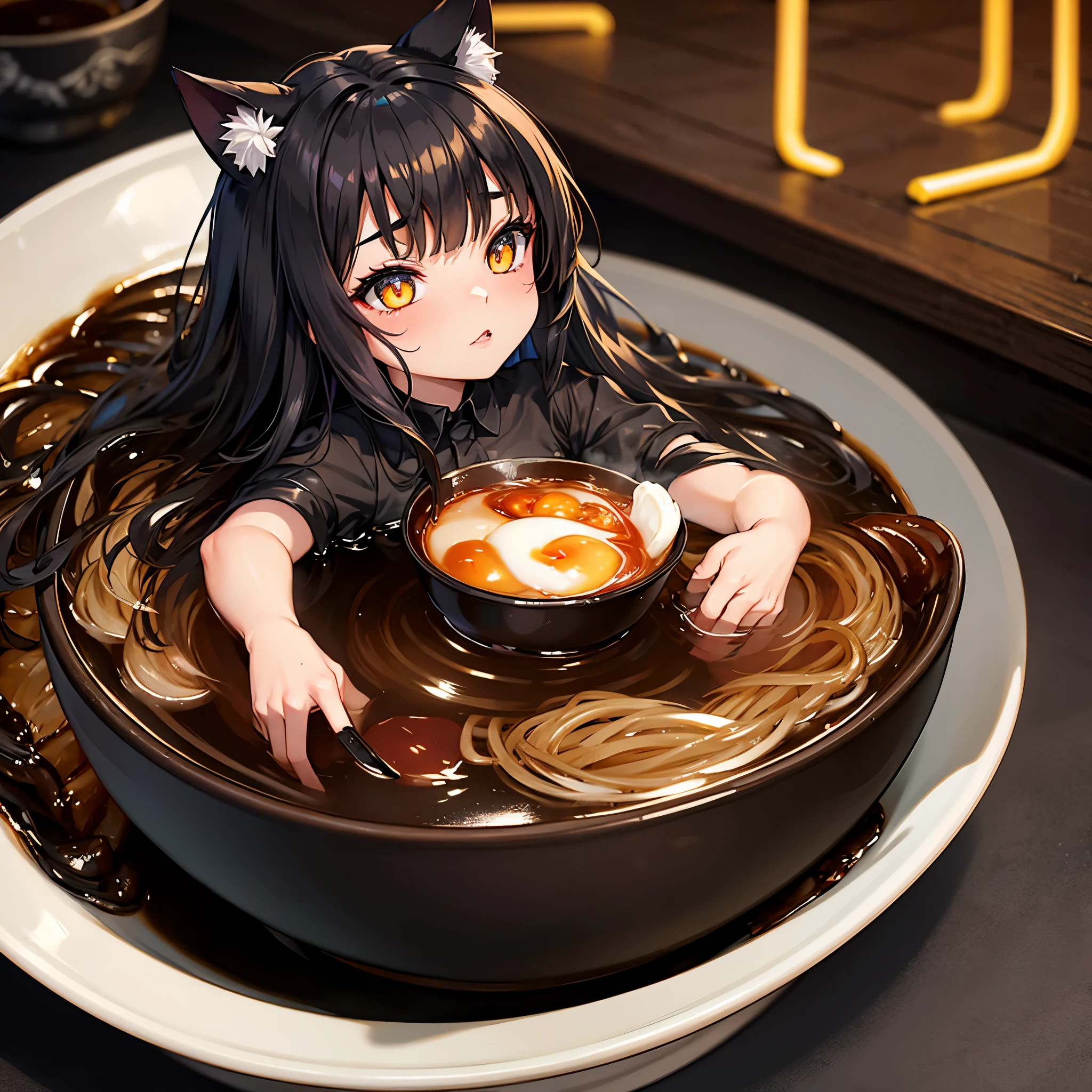  black cat Girl, shining eyes, neon. black background, bathing in a cup of ramen , cat