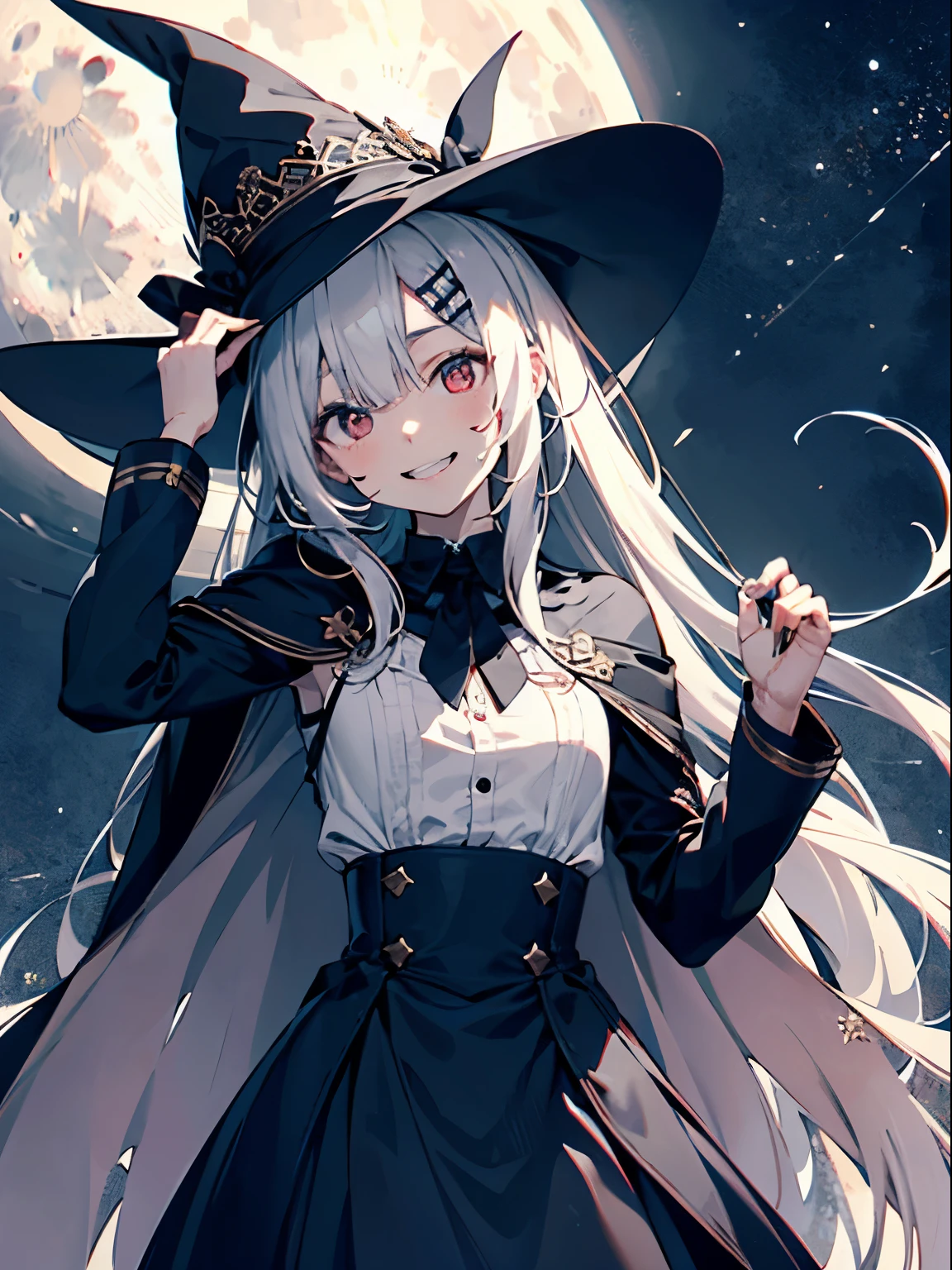 teenage girl、human、A magician who always smiles、large witch hat 、cute、long white hair、Red eyes and glazed eyes、Bangs are heavy、Thin eyebrows、lowered eyebrows、fantasy、intake、double teeth、star motif、Seiza motif、monochrome clotheetal look decoration、cape、A little dark atmosphere、a little crazy smile、Outside at night when the moon shines、blood return、black star hair ornament、short tie、No nails、high waist skirt