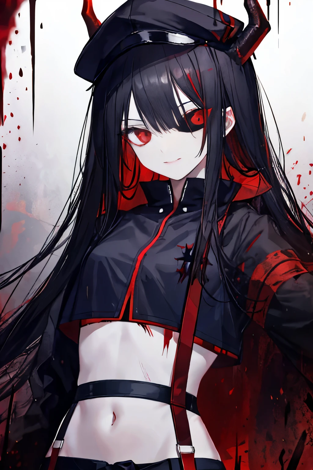 Demon Black hair Red eyes Long hair Red mesh Blindfold Clothes based on black and red Belly button exposed Garter belt Shorts Knife Long bangs Covering left eye Covering one eye Long hair down to the waist Slender Girl Black bra Small breasts Countless black wings Return blood Red glowing magic circle Evil Eye Black A military cap, a black jacket with red inside, devil's horns, countless knives surrounding the girl, a suspicious smile, and the whites of her eyes are black.