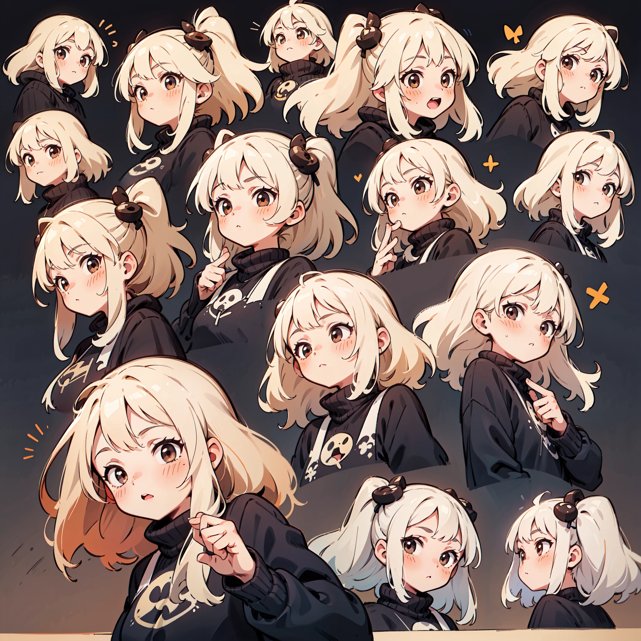 cute girl avatar pack, emoji pack, same girl, long hair, blonde hair, brown eyes, multiple poses and expressions, white shirt, 4k, masterpiece, best quality, align arrangement