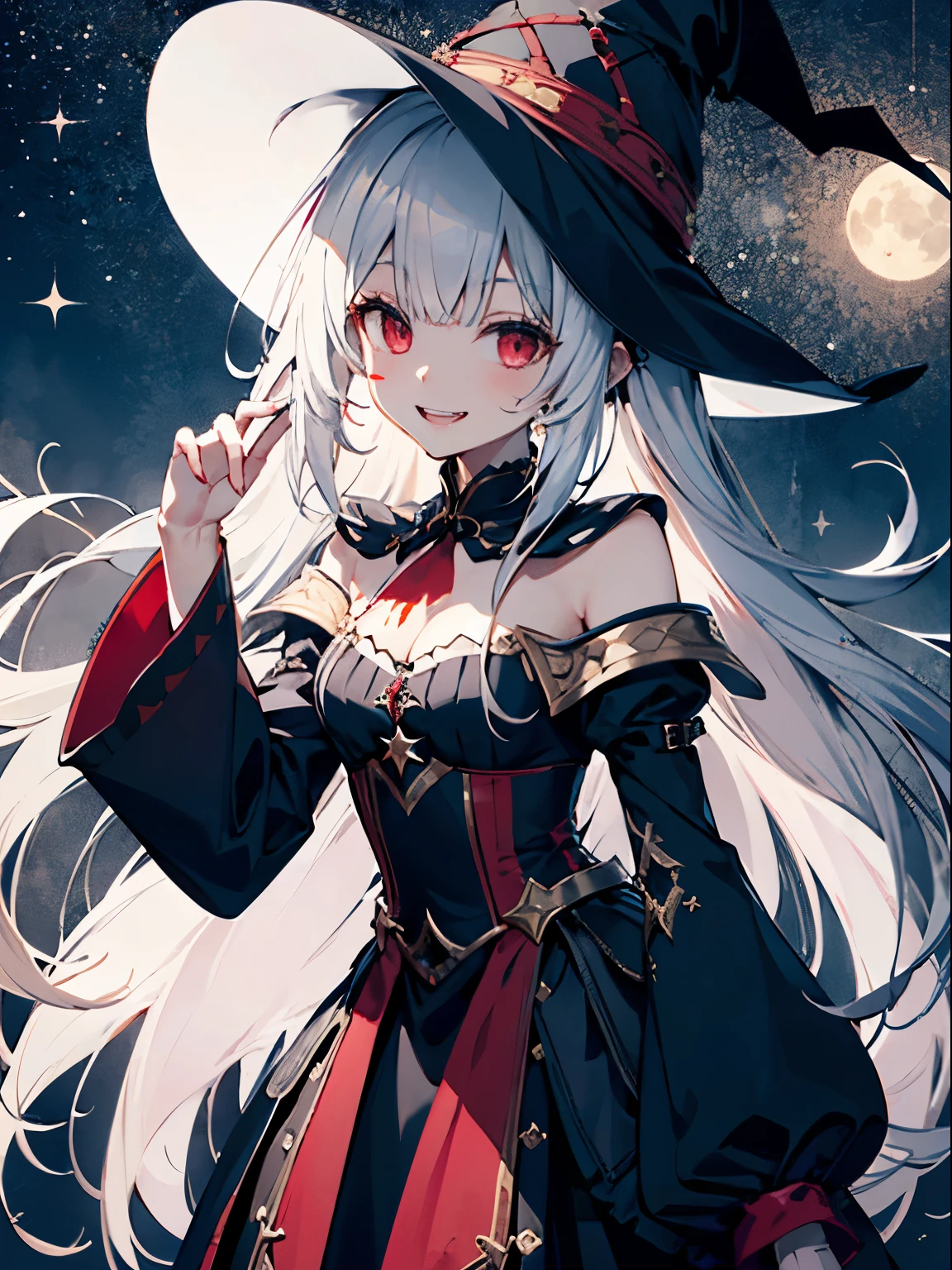 girl、human、A magician who always smiles、large witch hat 、cute、long white hair、Red eyes and glazed eyes、Bangs are heavy、Thin eyebrows、lowered eyebrows、fantasy、intake、double teeth、star motif、Seiza motif、monochrome clotheetal look decoration、cape、A little dark atmosphere、a little crazy smile、Outside at night when the moon shines、blood return、black star hair ornament、short tie、No nails、high waist skirt、The sleeves are wide at the hem