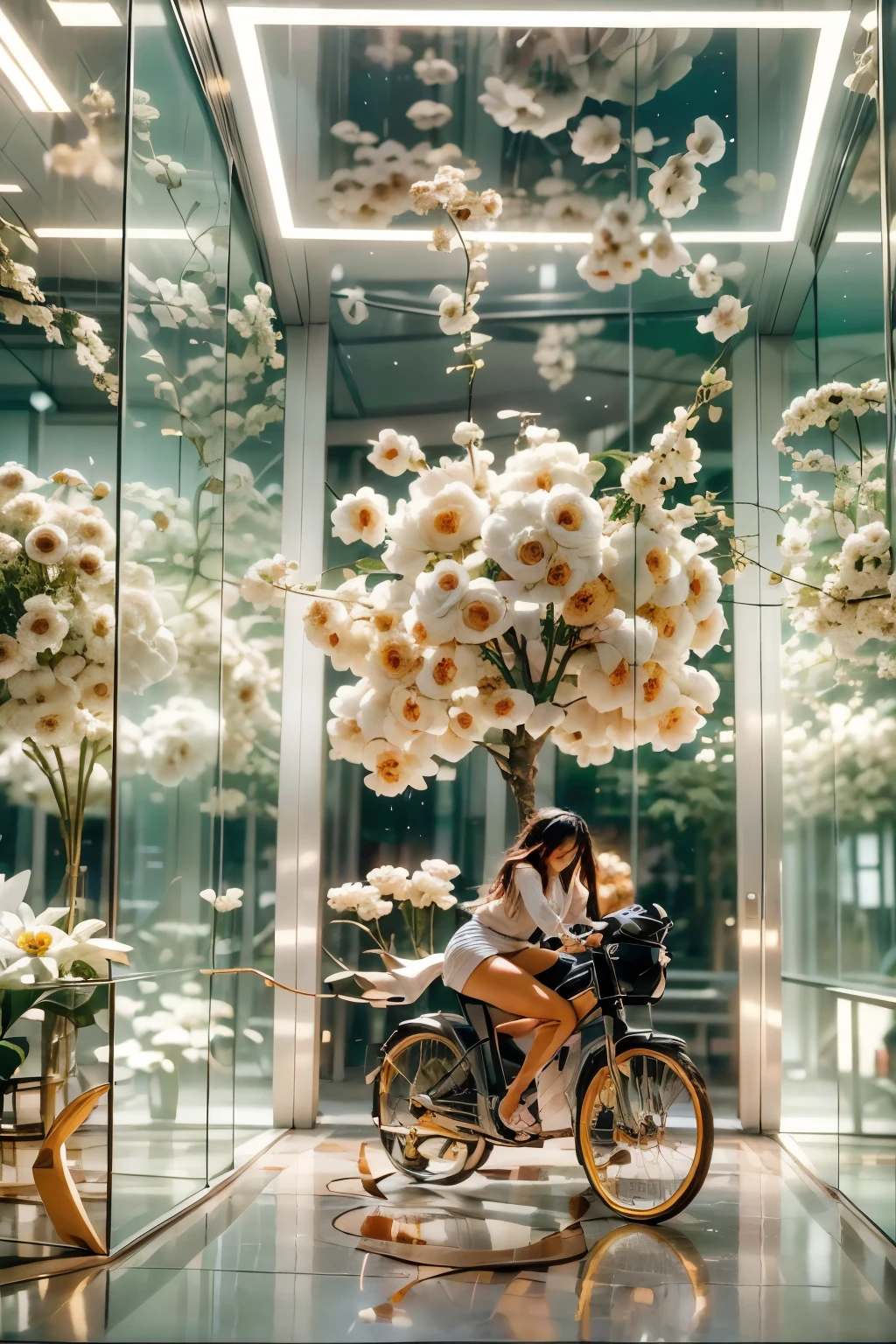 (Romantic kissing scene from the movie), (Best quality, cinematic, best lighting and shadow), (1 girl and 1 boy), (long hair:1.2+Fit), (Red lipstick:1.4+black hair), Romantic music, Modern interior, large living room. (Lots of fresh flowers, in simple glass vases, of different shapes, decorated with lilies, a lot of flowers in glass vases, amazing looking flowers). Best quality, ((masterpiece: 1.2), (realism: 1.2), (Best quality), (special attention to detail, colors, composition elements: 1.3)). (Sunny day, large white room - hall, studio, modern style). (Open windows, exquisite design, in light colors, (predominantly: white, green with yellow, gold). (High light ceiling). ((Realistic 3D visualization, super detail, ray tracing, flooded sunlight, contrasting shadows - cold tones, warm soft light)).Modern style (modern), (High-Tech), (surrealism: 1.3), Excellent, high quality. Drawn realism.