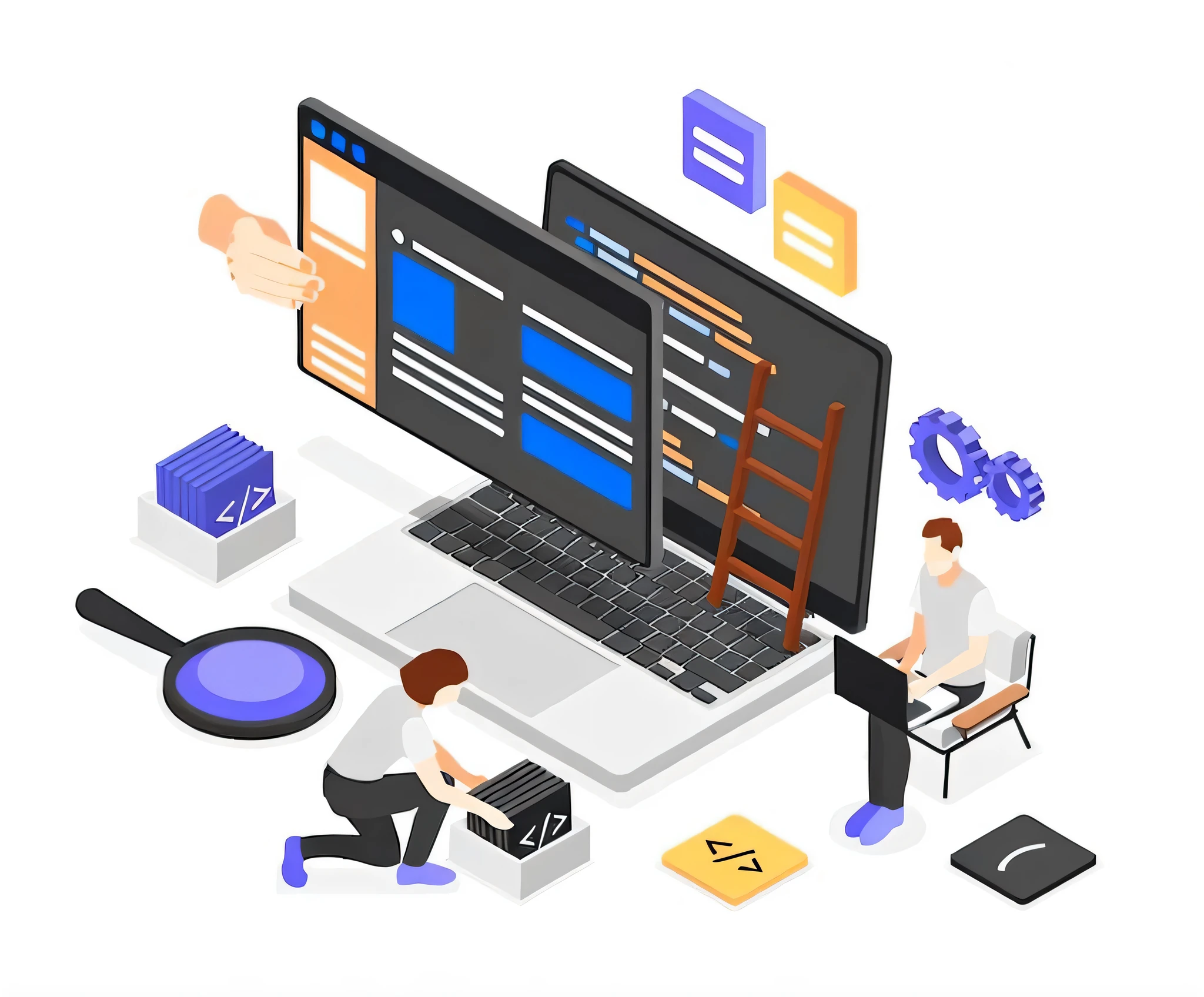 people are working on a laptop with a computer screen and a laptop, isometric design, isometric illustration, isometric 8k, programming, simple illustration, 3 d isometric, 3d isometric, web design, flat illustration, prerendered isometric graphics, ui and ux, a computer rendering, developers, creative coder with a computer