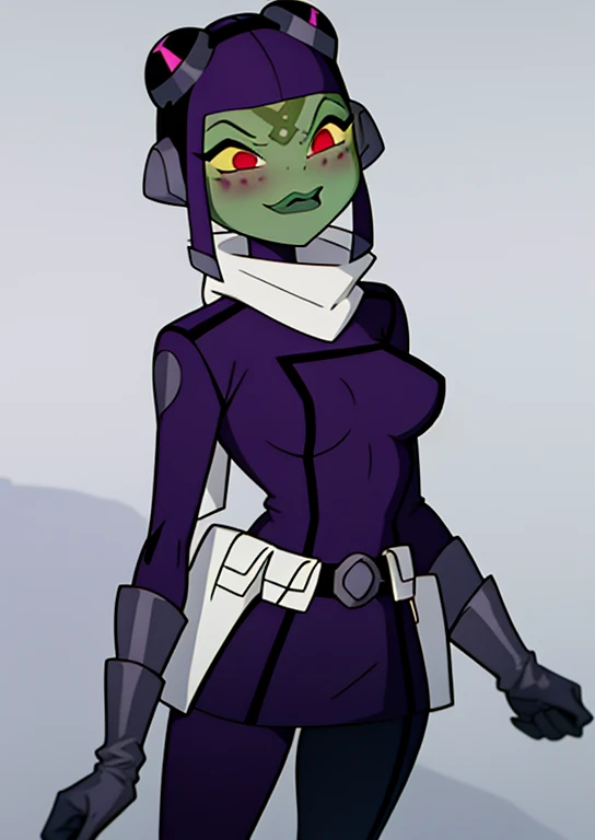 attea, princess attea, red eyes, yellow sclera, (green skin, colored skin:1.2), green lipstick, facial mark, 1girl, solo, blushing Clothes prompts: purple cap, goggles, white scarf, grey gloves, belt, white leggings, purple jacket, purple coat, purple boots, cleavage, artwork, best quality