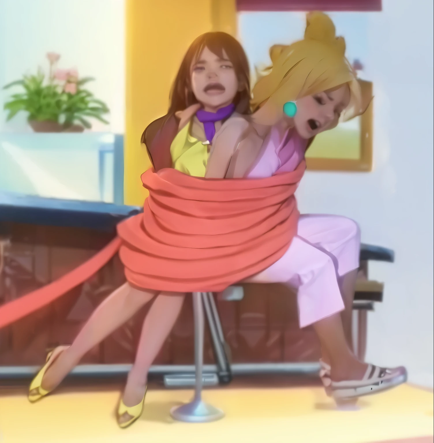 yellow one piece,brown hair,two women,Purple scarf,short hair,blonde hair,pink ribbon,Restrained by a string,expression of suffering,photograph,8K,highest quality,best details