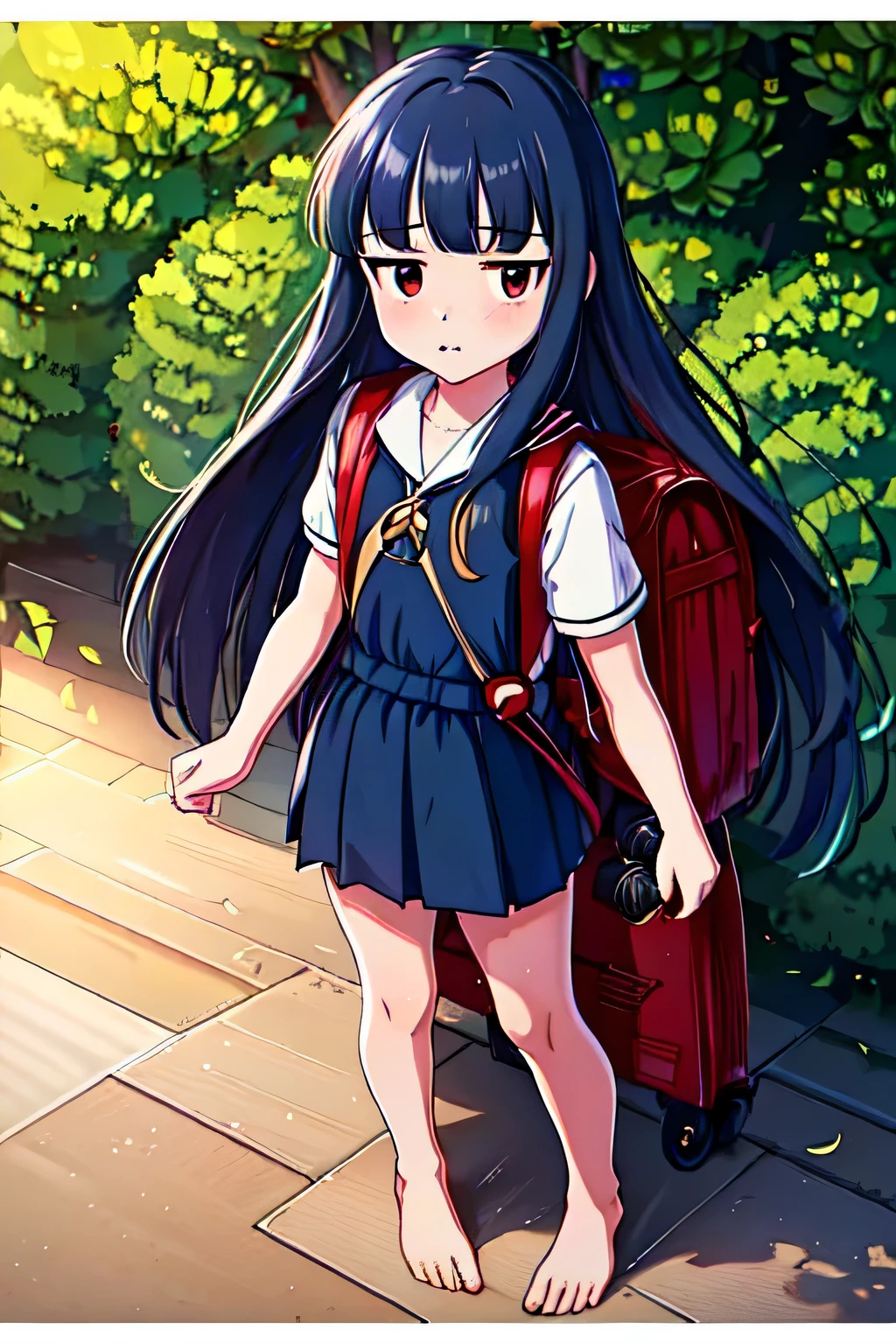 , yukimi, 10., long hair, dull bangs, flat chest, No expression, shy, whole body, highest quality, wearing burmese navy, short sleeve (White gym uniform with colored hems:1.3), carry (randoseru backpack:1.4), barefoot, at the park,