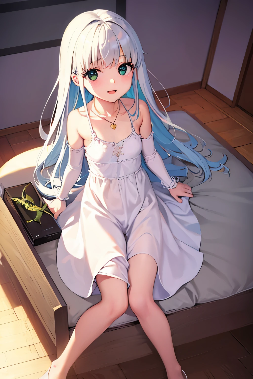 Cabello largo plateado, ojos verdes, kigurumi, bra, flat breast, necklace, sonrisa, happy, muslos hermosos, inside house