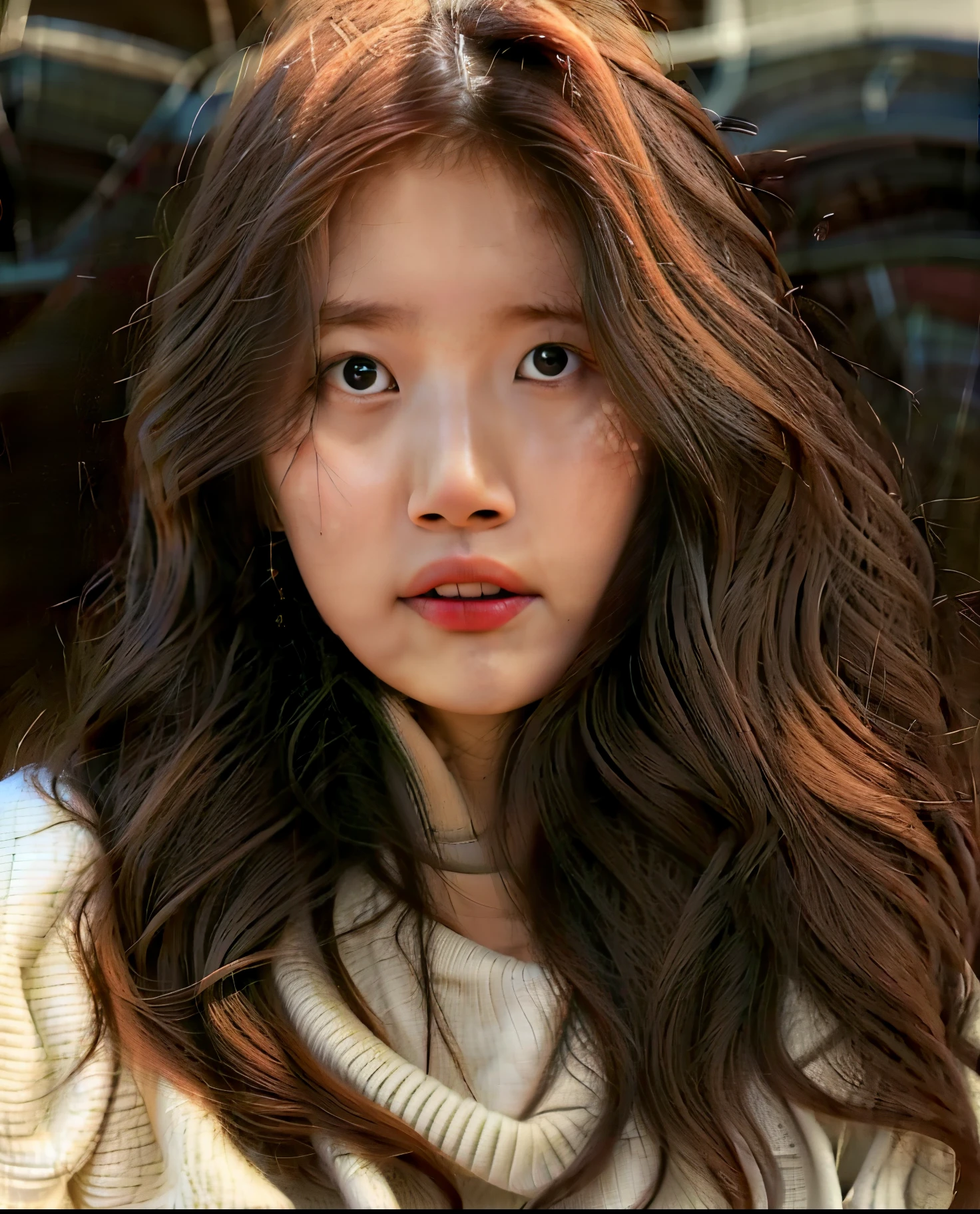 a close-up of a woman with long hair wearing a pastel orange sweater. adorable and pale korean face. Suzy bae do MISS A, baesuzy with adorable face and big eyes, beautiful lips like I&#39;ve given wonyoung, WONYOUNG lips with BAESUZY face Korean pattern