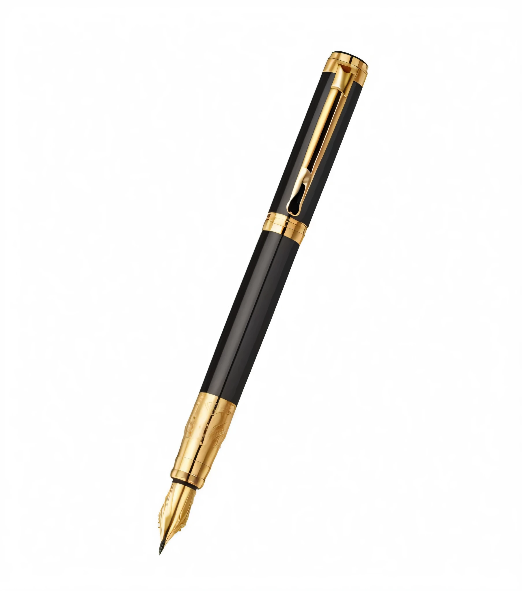 a close up of a pen with a gold trim and black body, fountain pen, fine pen, fine point pen, onyx, gold black, highly detailed pen, elaborate composition, carbon black and antique gold, acclaimed masterpiece, perfect design, pen, by Matthias Stom, qualia, cartier, napoleon, ink pen, presidential, sharp ), highly professionally detailed, gilt