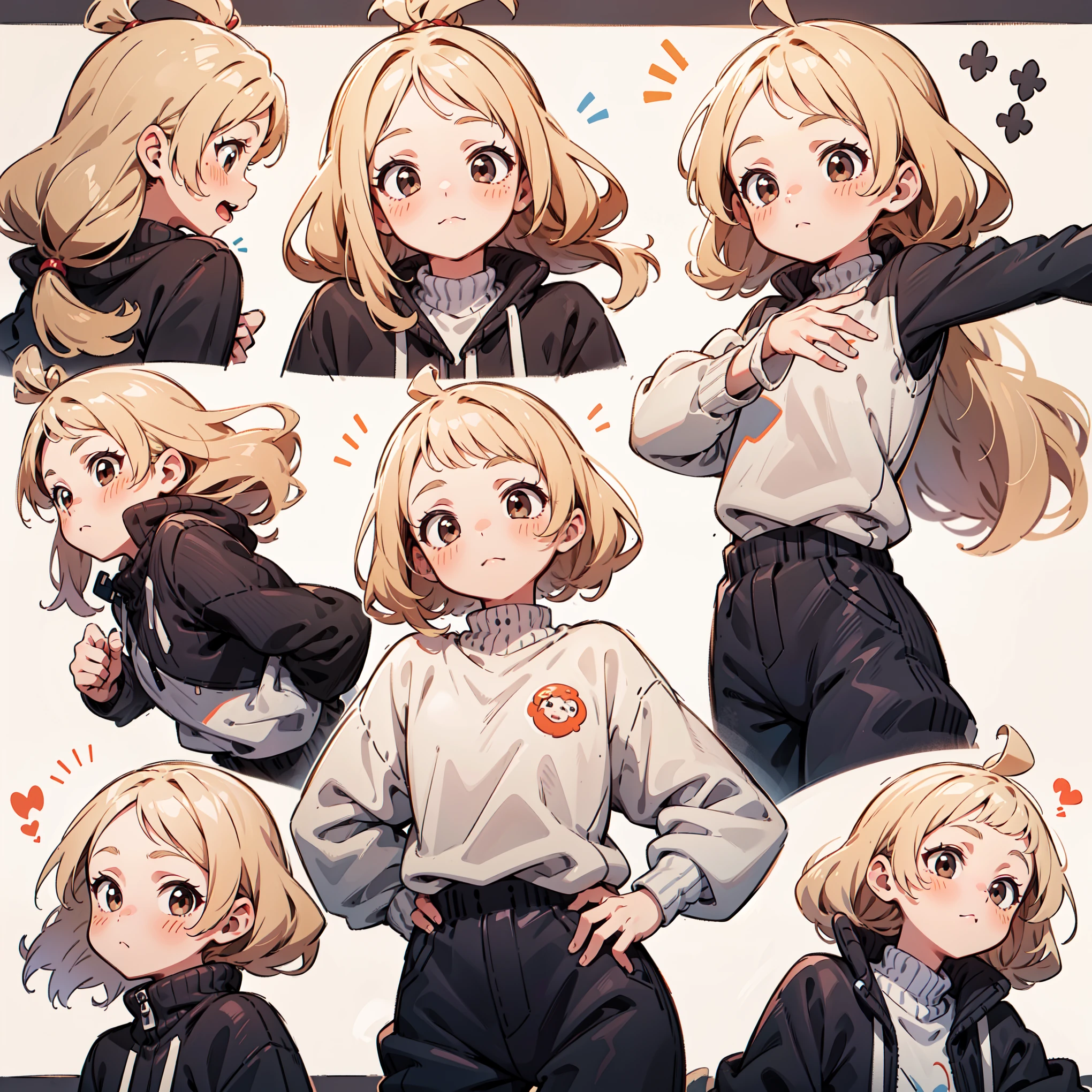 cute girl avatar pack, emoji pack, same girl, long hair, blonde hair, brown eyes, Big hair down to the waist, multiple poses and expressions, white shirt, 4k, masterpiece, best quality, align arrangement