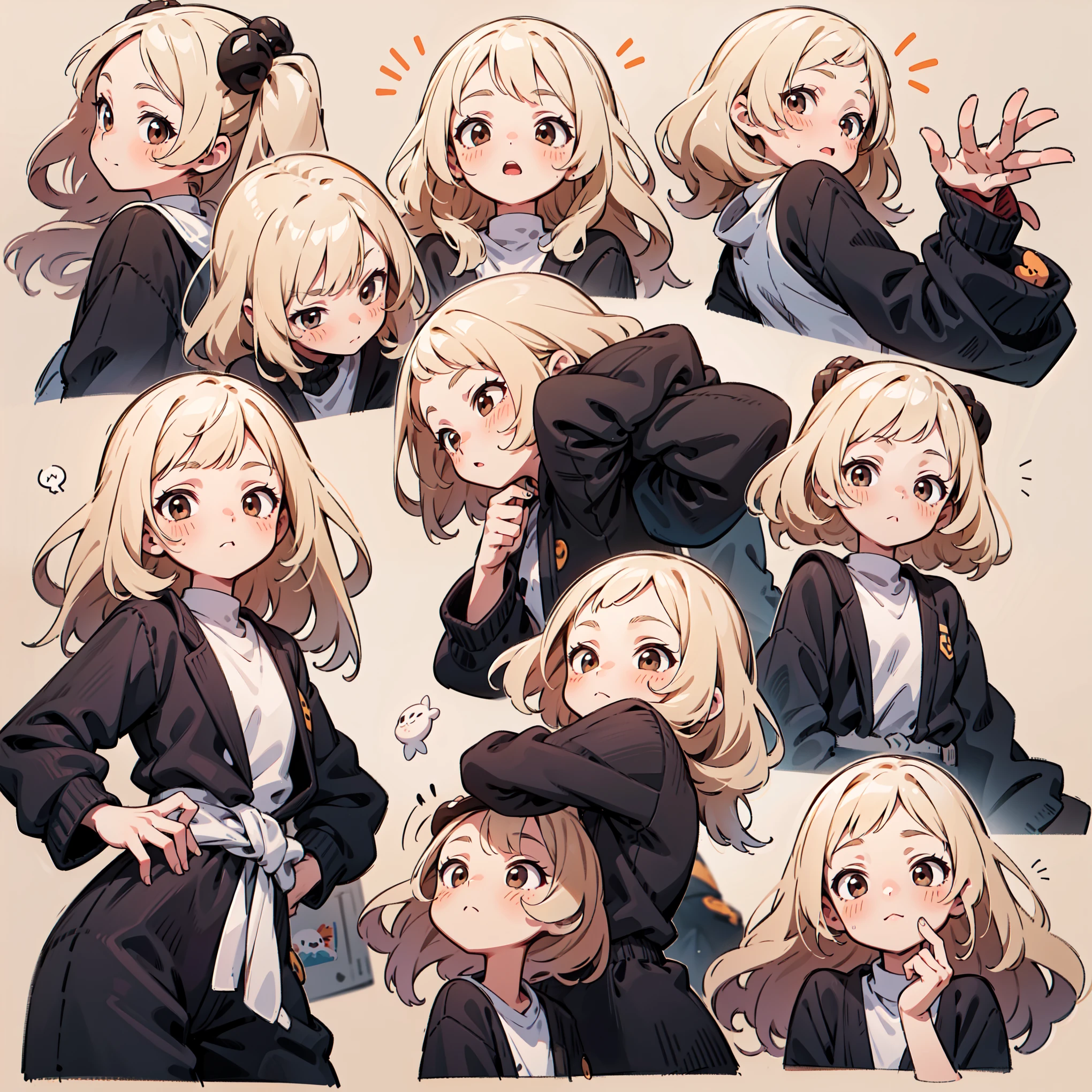 cute girl avatar pack, emoji pack, same girl, long hair, blonde hair, brown eyes, Big hair down to the waist, multiple poses and expressions, white shirt, 4k, masterpiece, best quality, align arrangement