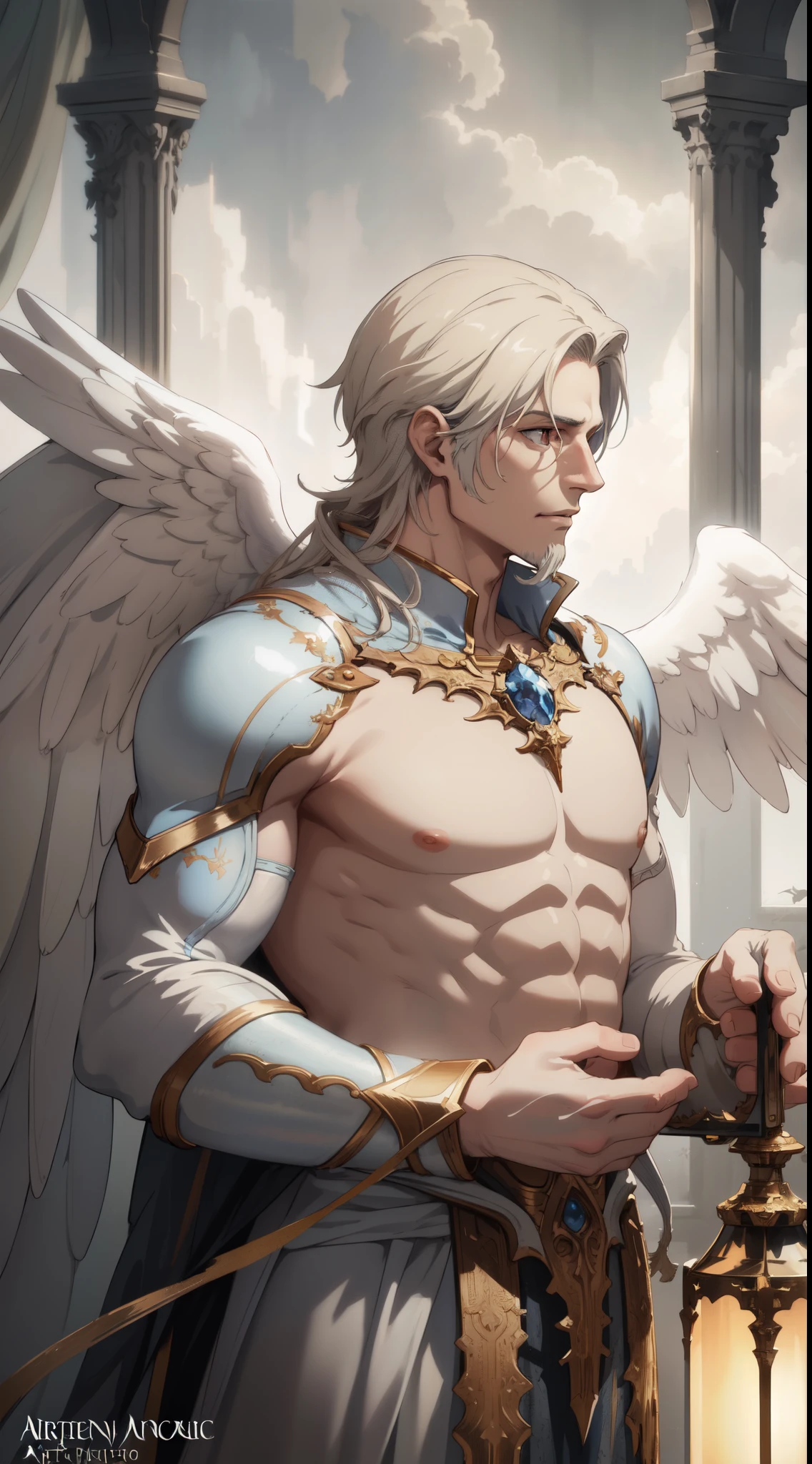 adult man, longue blonde hair, Green eyes, eye on the forehead, Toothed crown, open torso, King-God, wings, Masterpiece, hiquality