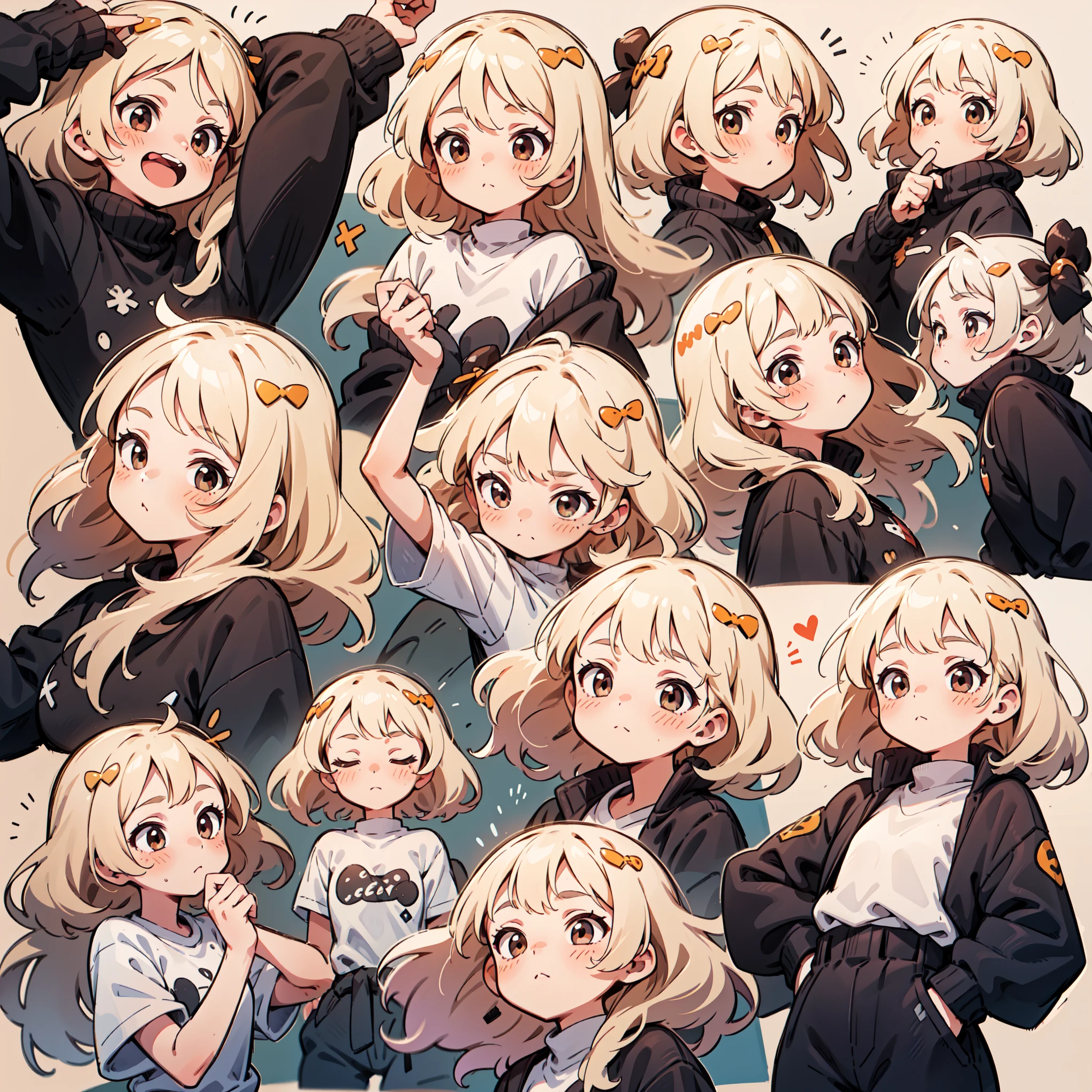 cute girl avatar pack, emoji pack, same girl, long hair, blonde hair, brown eyes, Big hair down to the waist, multiple poses and expressions, white shirt, 4k, masterpiece, best quality, align arrangement