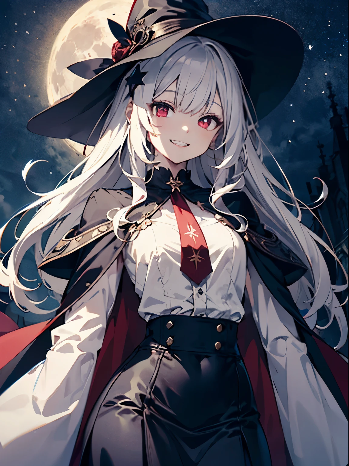 girl、human、A magician who always smiles、large witch hat 、cute、long white hair、Red eyes and glazed eyes、Bangs are heavy、Thin eyebrows、lowered eyebrows、fantasy、intake、double teeth、star motif、Seiza motif、monochrome clotheetal look decoration、cape、A little dark atmosphere、a little crazy smile、Outside at night when the moon shines、blood return、black star hair ornament、short tie、No nails、high waist skirt、The sleeves are wide at the hem、long sleeve shirt