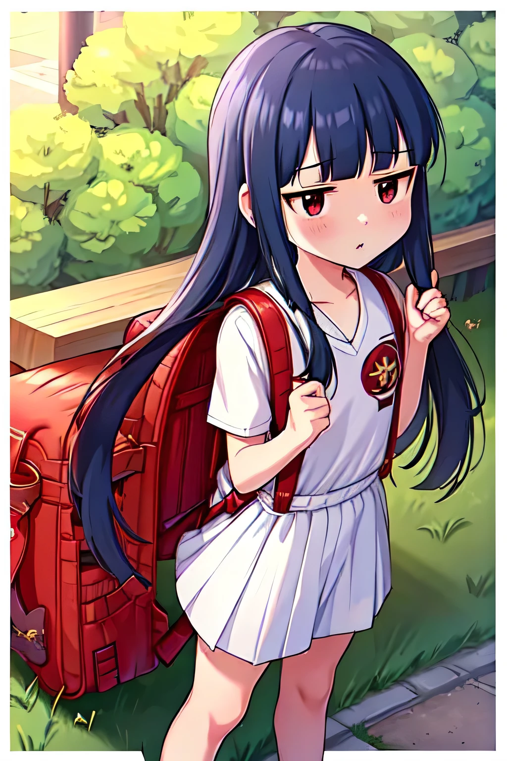 , yukimi, 10., long hair, dull bangs, flat chest, No expression, shy, whole body, highest quality, wearing burmese navy, short sleeve (White gym uniform with colored hems:1.3), carry (randoseru backpack:1.4), barefoot, at the park,