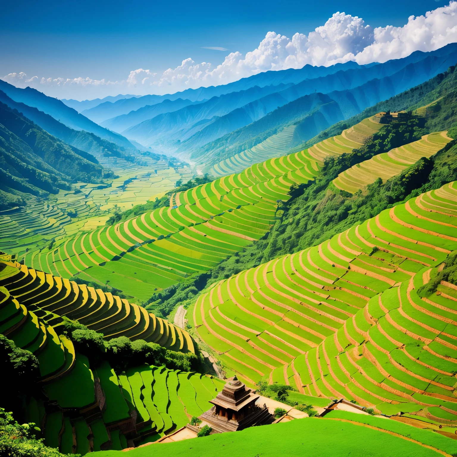 Create an intricately detailed map image of India, showcasing its diverse regions and vibrant colors. The Indian subcontinent lies at the heart of the map, bordered by the Arabian Sea to the west, the Bay of Bengal to the east, and the Himalayas to the north.

A rich tapestry of landscapes unfolds across the map. In the north, the Himalayas dominate the terrain, towering above lush green valleys and terraced fields. In the west, the Deccan Plateau stretches out, dotted with ancient monuments and bustling cities. In the east, the fertile Gangetic Plains nour