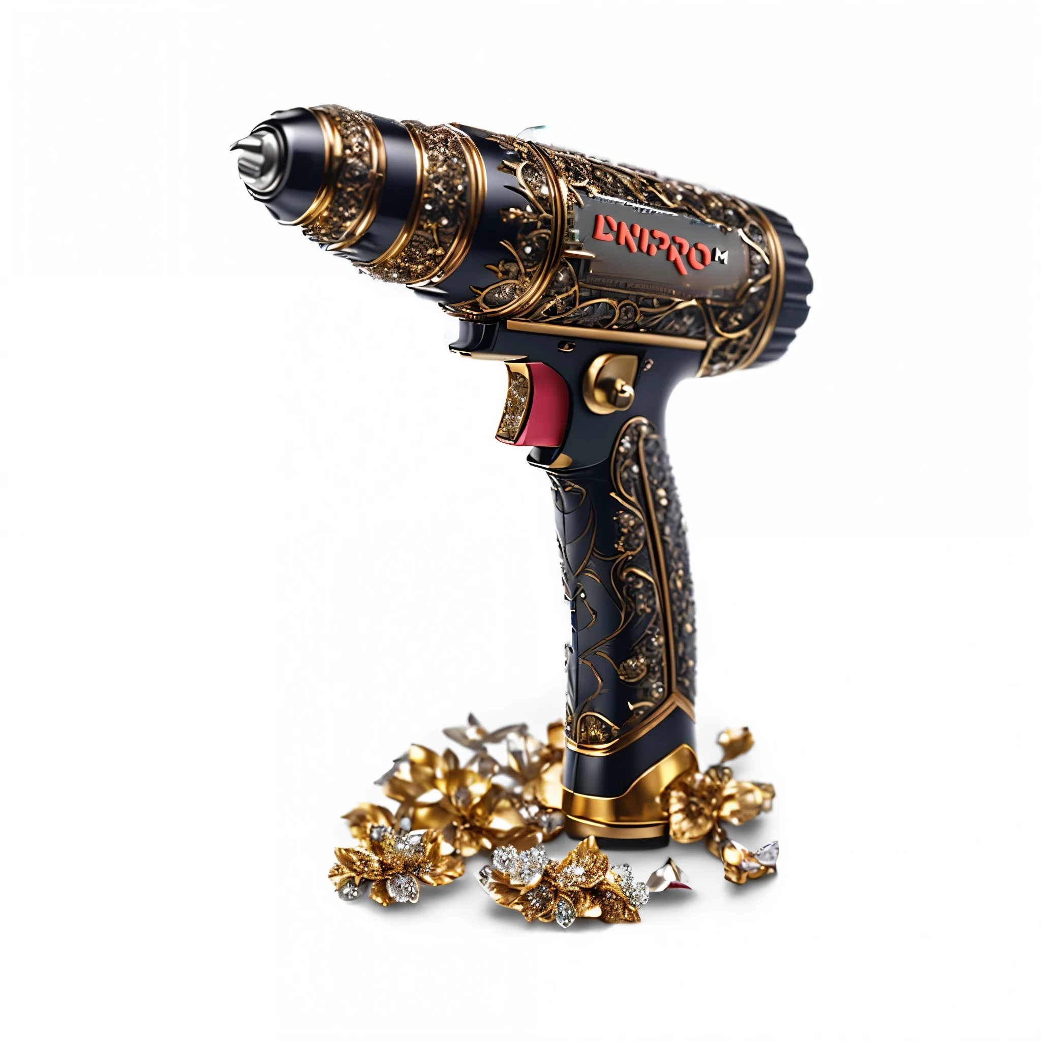 luxury cordless screwdriver with battery, in the Baroque style, encrusted with jewels, diamonds and gold, detailed photorealistic isolated, 3d, small intricate patterns, ultra detail photo, ultra-detailed patterns and textures, (glare of diamonds), (Beautiful lighting),