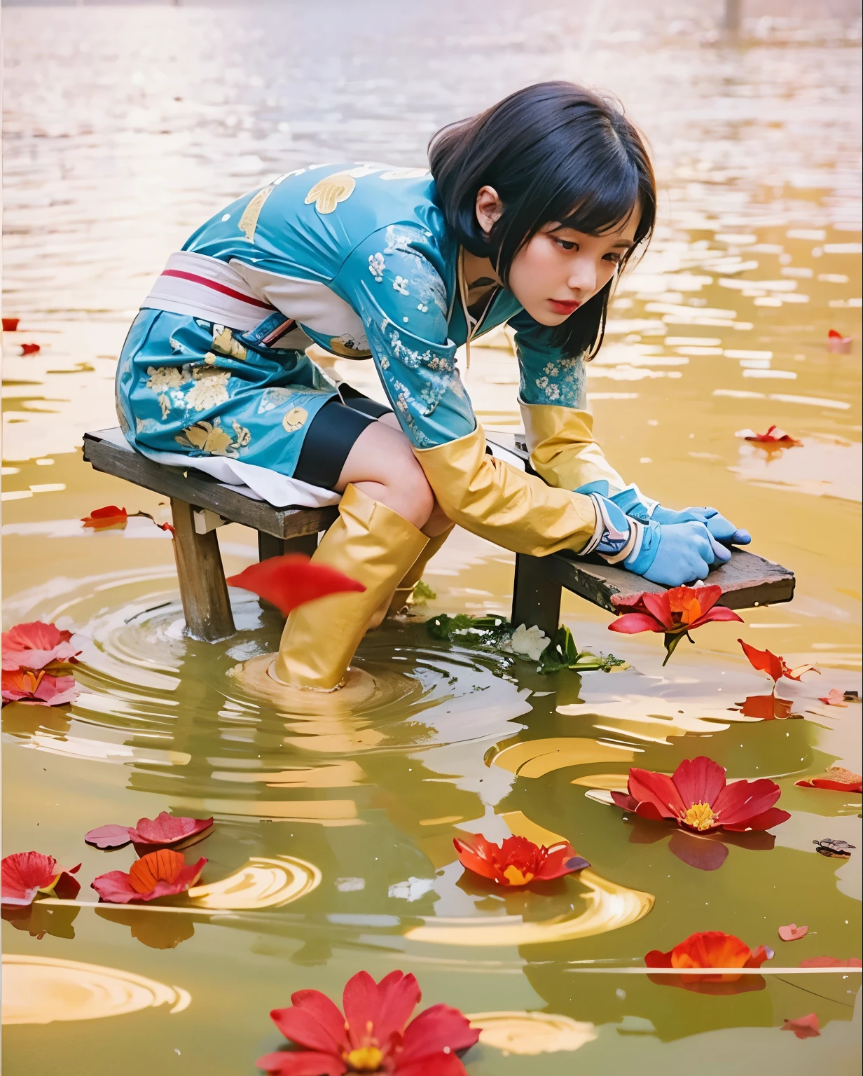 (Best quality, 8k, 32k, Masterpiece, UHD:1.2) "Generate a captivating artwork featuring a young Japanese girl model with short, sleek black hair styled in a chic bob haircut. Envision her bathed in dramatic cinematic lighting, creating an atmosphere of allure and mystery. Emphasize a romantic aesthetic vibe, showcasing the model in a poised and elegant pose that evokes a sense of intimacy and sophistication. Utilize warm and soft tones to enhance the romantic ambiance, and consider incorporating elements like flowing fabrics or flowers to add a touch of ethereal beauty. Capture the essence of romance and beauty through the model's expression, the play of light and shadows, and the overall aesthetic, creating a visually compelling and emotionally resonant piece." (perfect eyes), flawless skin, flawless face, cinematic, tight body, ((well-proportion female hands)), ((female hands with five digits)) ((Body is well proportioned)), ((chic bob haircut)),