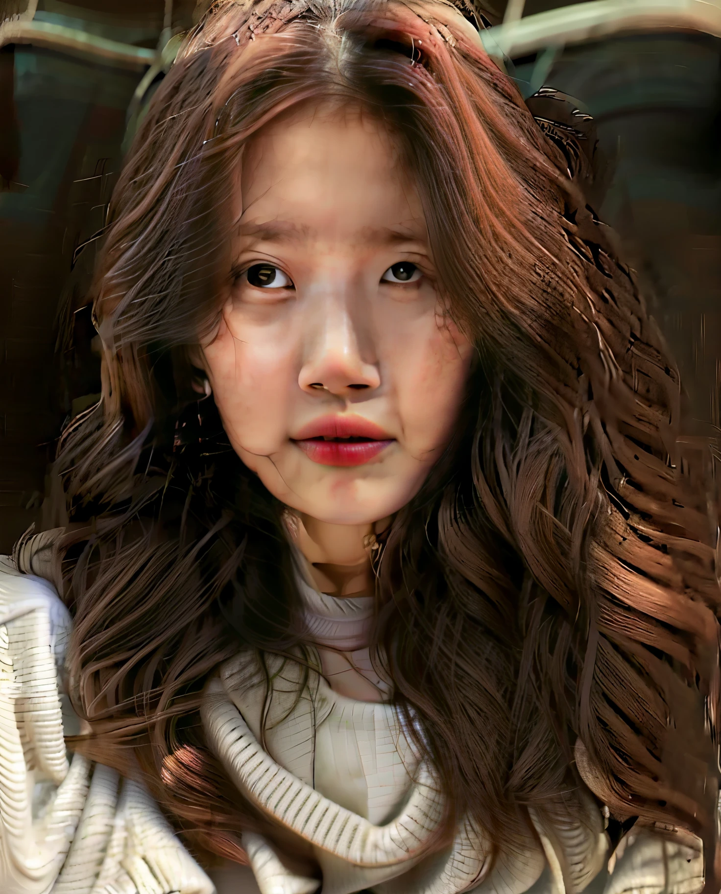 a close-up of a woman with long hair wearing a white sweater, adorable and pale korean face. Suzy bae do MISS A, baesuzy with adorable face and big eyes, beautiful and pink lips with Korean pattern with BAESUZY&#39;s face Korean pattern. Rosto bonito e jovem 