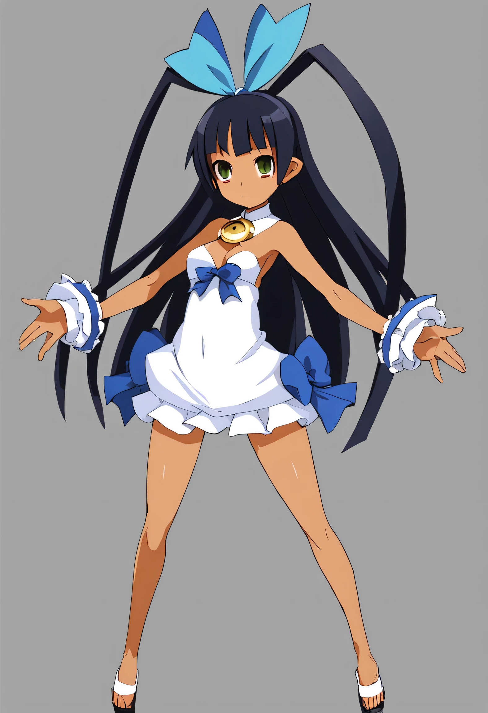 score_9,1girl,solo,standing,full body,dark skinned female,long hair,black hair,brown eyes,blunt bangs,mini ruffle dress,big breast,young,adult,hair bow,takehito harada,disgaea style