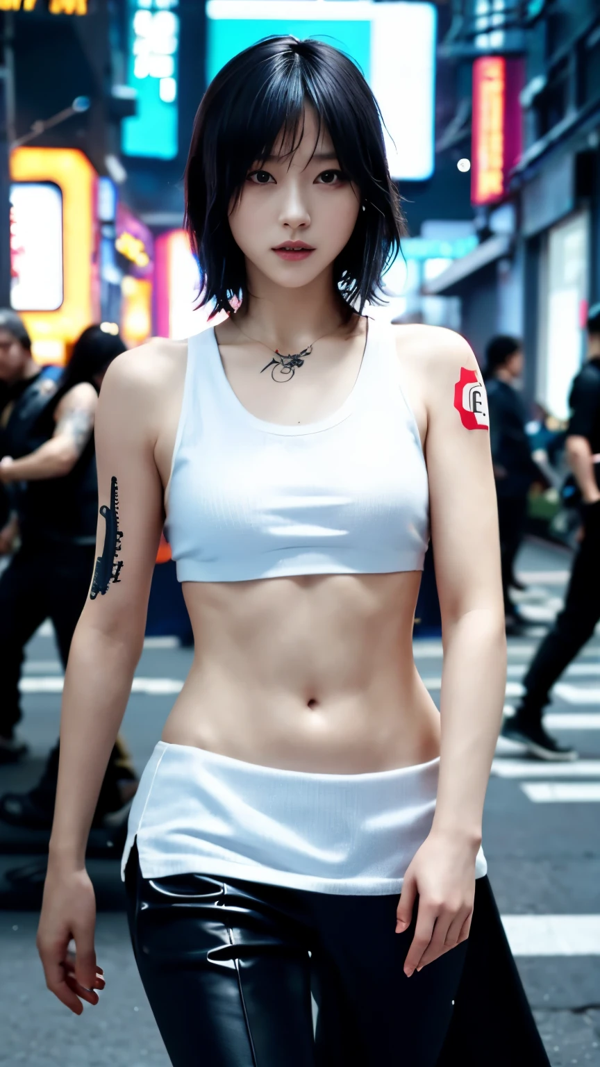 (highest quality)，masterpiece，Super detailed，8K, UHD，Beautiful woman，japanese woman，No expression，whole body，((tattoo))，slim，black slacks，white tank top，(female mafia)，gangster，(cyberpunk city)，night，cinematic lightening，underworld
