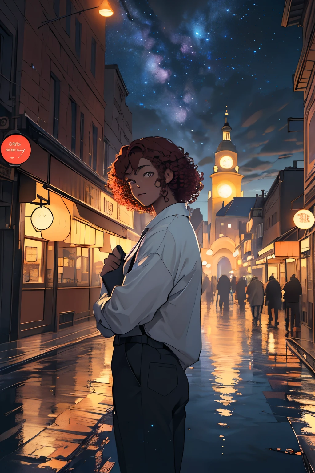 a girl with light skin and curly cherry red hair (best quality,4k,8k,highres,masterpiece:1.2),ultra-detailed,realistic:1.37,a young diplomat,girl,beautiful detailed eyes,beautiful detailed lips,brown skin,dark brown skin,curly cherry hair,curly cherry hair worn up,airplane window,night view,sky,observing,looking,wondering,contemplating,night sky,clouds,stars,moonlit,peaceful,serene,mysterious,calm,introspective,distant lights,twinkling,ethereal,outer space,cosmic,vastness,limitless,reflection,moonlight,faint glow,fleeting thoughts,wandering mind,majestic scene,tranquil,thought-provoking,inspiring,awe-inspiring,reflective mood,city lights,cityscape,softly glowing,shimmering,glimmering,utopian,dreamlike,fantasy,traveling,distant lands,exploring,new horizons,possibilities (HDR,UHD,studio lighting,ultra-fine painting,sharp focus,professional,vivid colors,bokeh,physically-based rendering)
