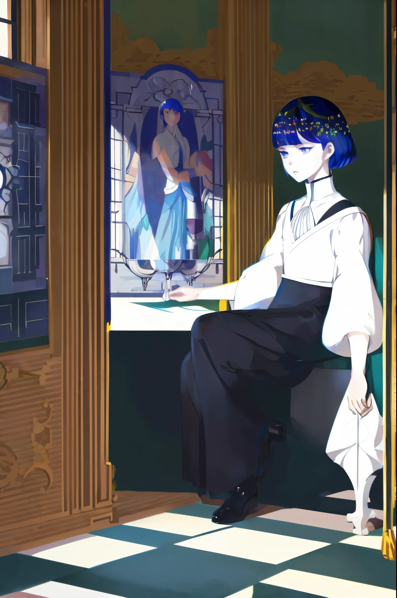 Manga artstyle, houseki no kuni, hnk, Land of the Lustrous, lotl, thin lineart, shiny hair, simple colors, simple shading, white skin, big eyes, small nose,Baroque, Light, Dark, Art