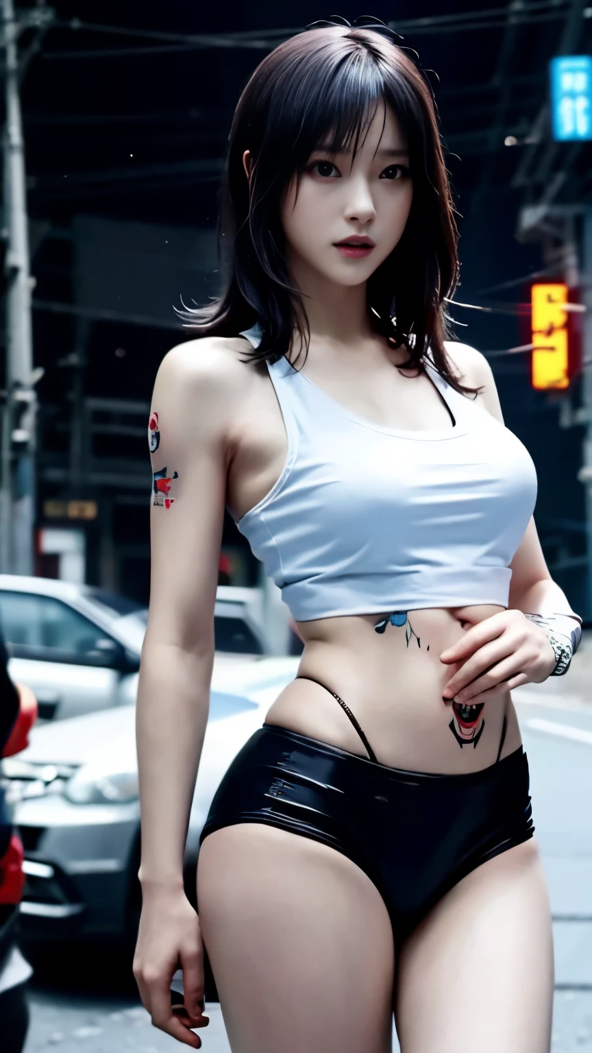 (highest quality)，masterpiece，Super detailed，8K, UHD，Beautiful woman，japanese woman，No expression，whole body，((tattoo))，slim，black slacks，white tank top，(female mafia)，gangster，(cyberpunk city)，night，cinematic lightening，underworld