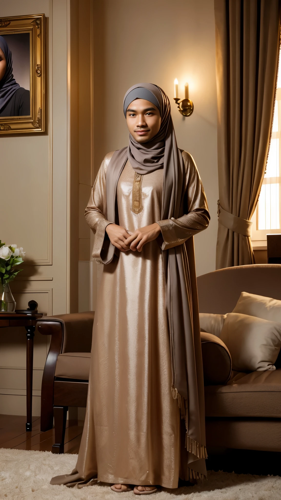 Realistic photography, best quality, cute Indonesian man face, detailed face features, soft smile, perfect hijab, brighter room
