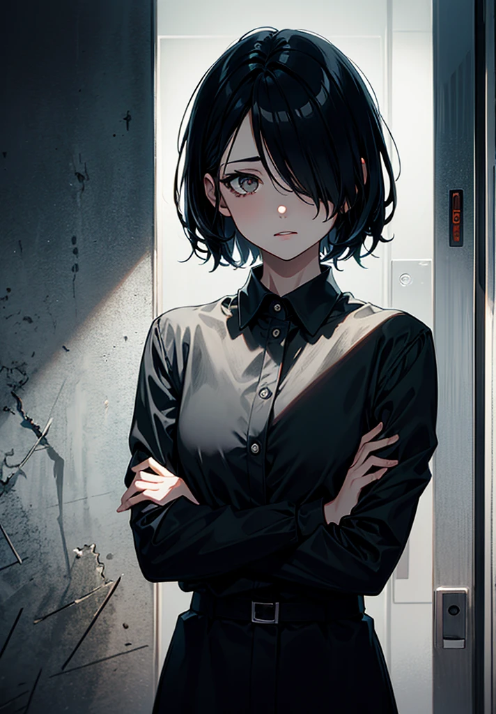 elevator, abandoned, concrete wall, rubble, 1girl, black hair, hair over one eye, highly detailed face, dimly lit, dark, creepy, black hair, short hair, drop shadow, silhouette, depth of field, vanishing point, masterpiece, best quality