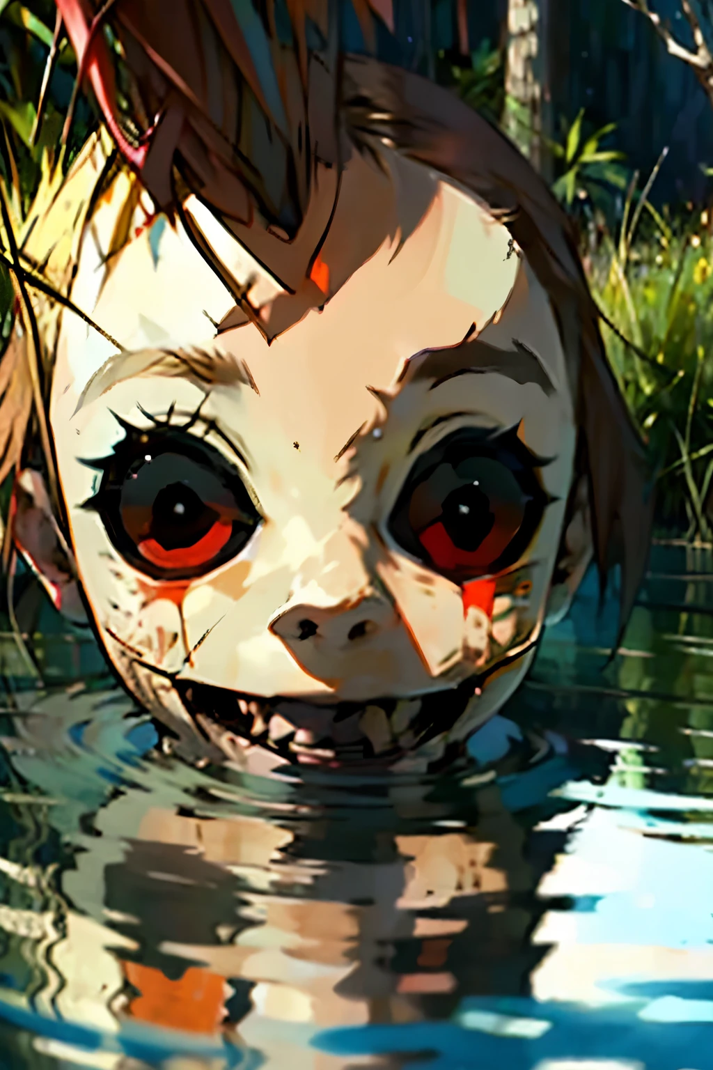 a creepy head of kid surfacing from a lake, staring at you