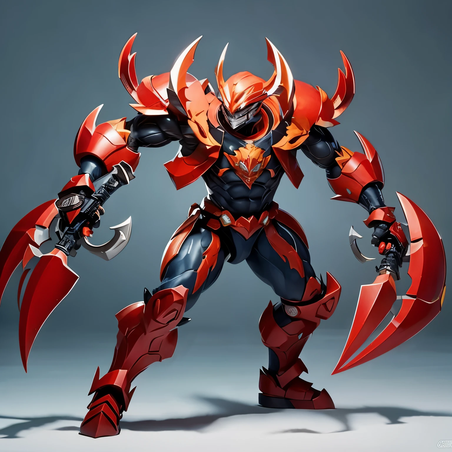 Design a character with crab armor and a weapon who is muscular and handsome